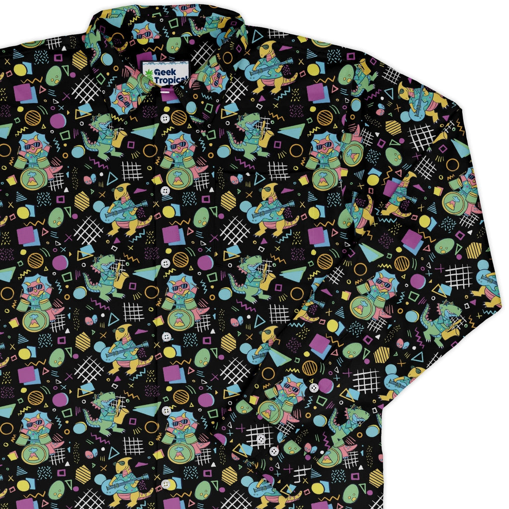 Rocking Dinosaurs Night Long Sleeve Button Up Shirt Geek Nerd adult sizing Design by Claire Murphy dinosaur print