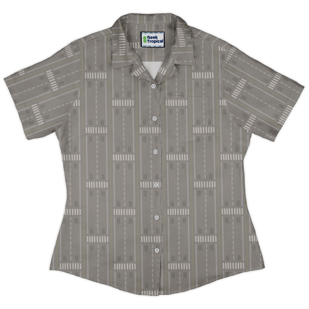 Runway Stripe Curvy Button Up Shirt Geek Nerd aviation print Design by Zirkus Design q225