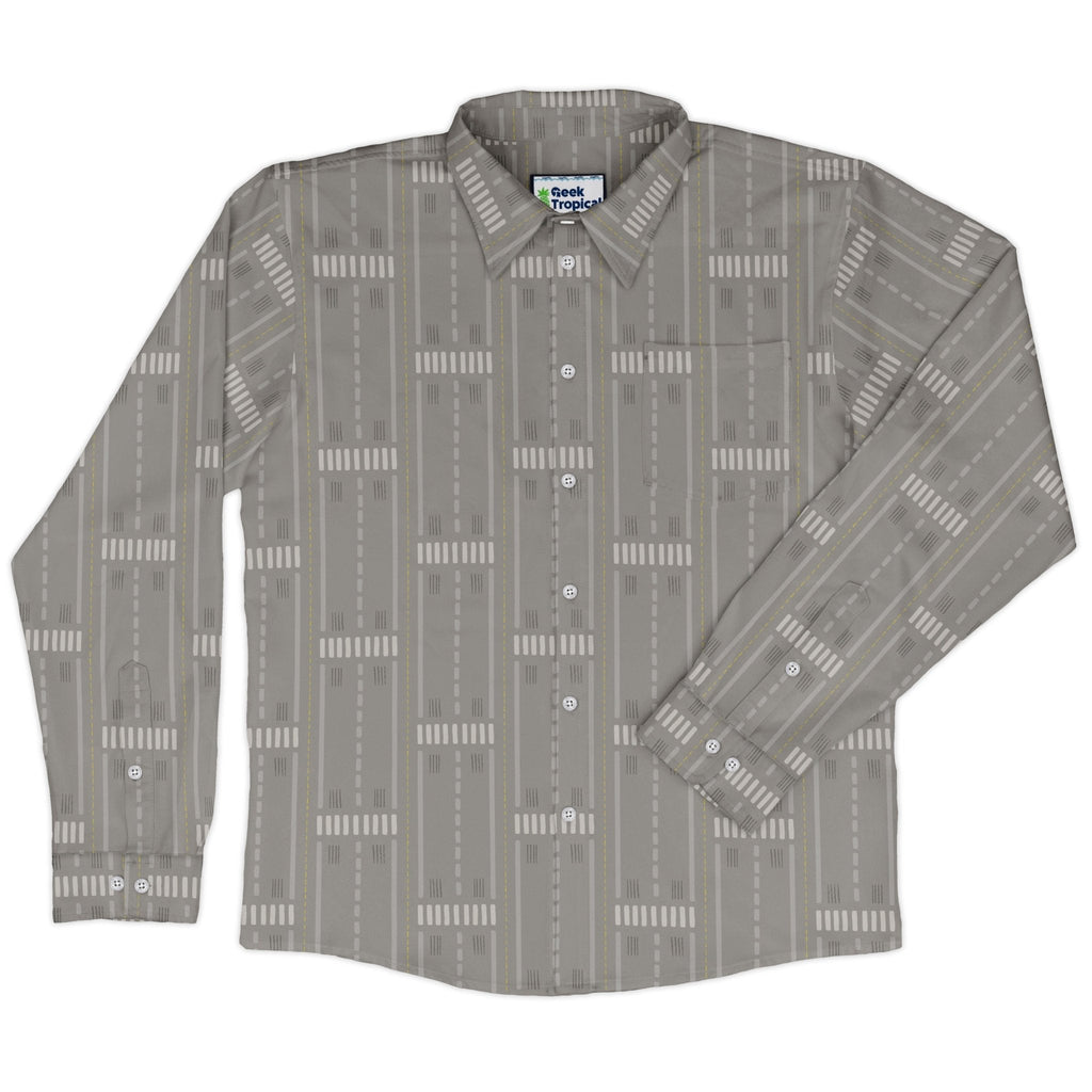 Runway Stripe Long Sleeve Button Up Shirt Geek Nerd adult sizing aviation print Design by Zirkus Design