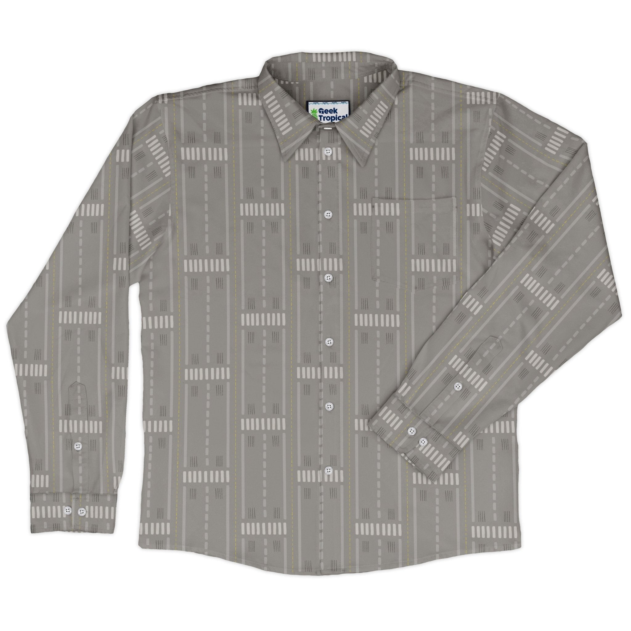 Runway Stripe Long Sleeve Button Up Shirt Geek Nerd adult sizing aviation print Design by Zirkus Design