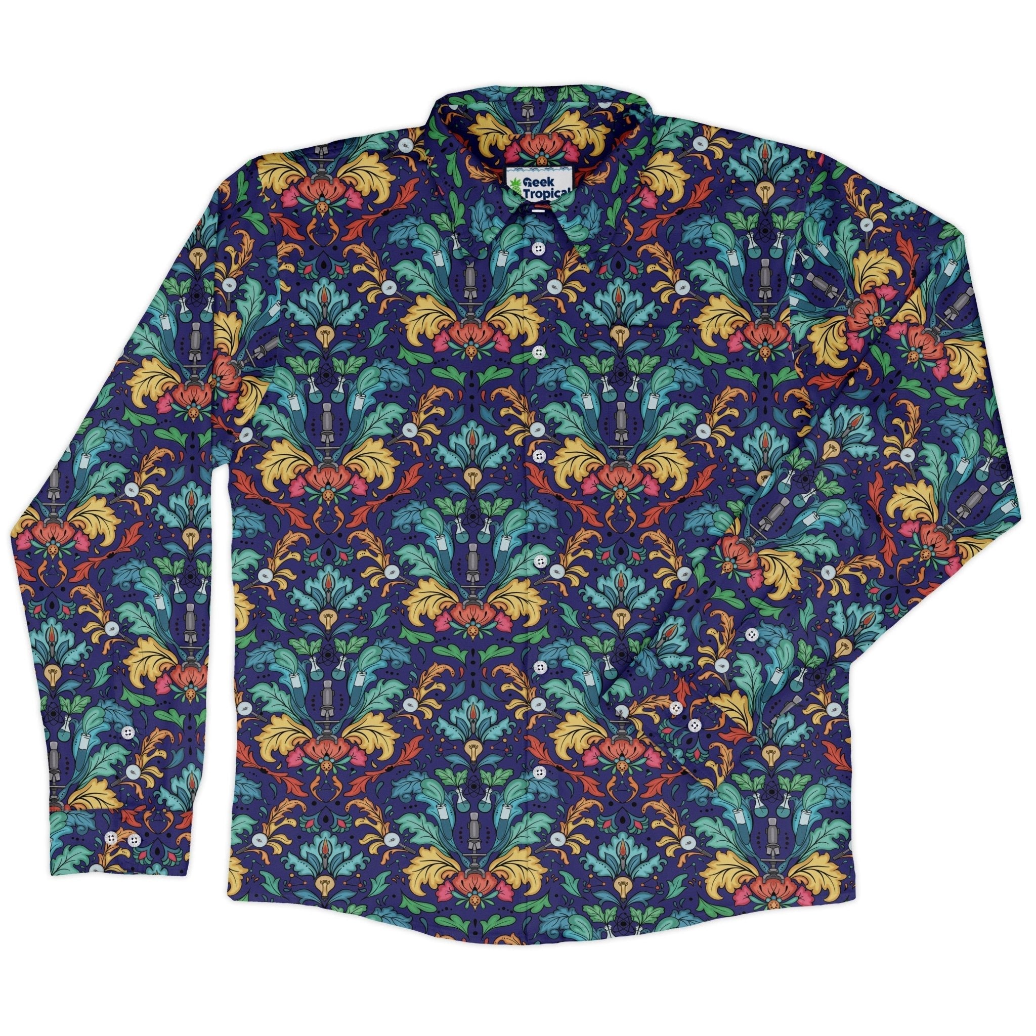 STEM Hidden Sciences Long Sleeve Button Up Shirt Geek Nerd adult sizing Design By Brigid Ashwood FLOW DESC WRITING