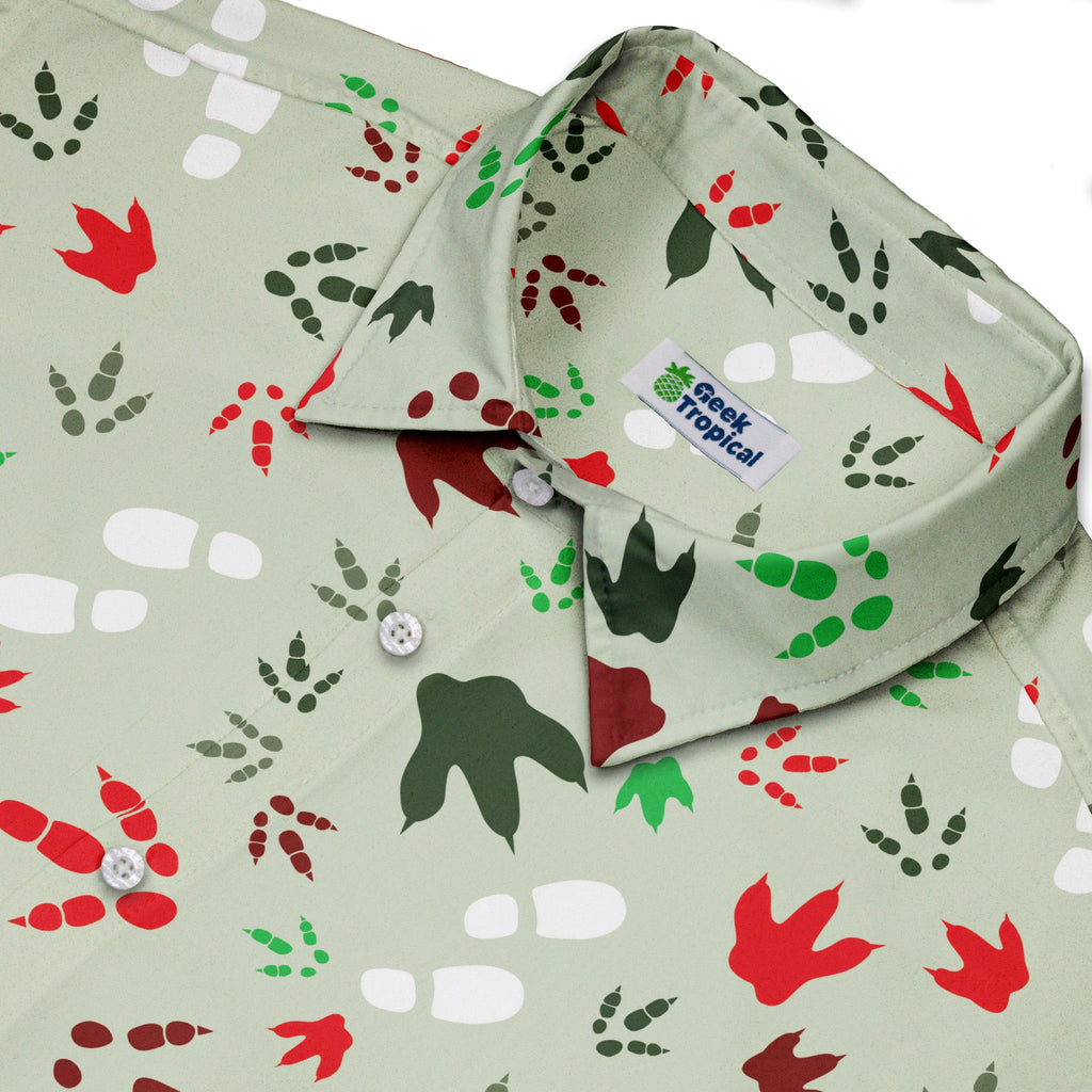 Santa Boots and Dinosaur Footprint Tracks Button Up Shirt Geek Nerd adult sizing Christmas Print