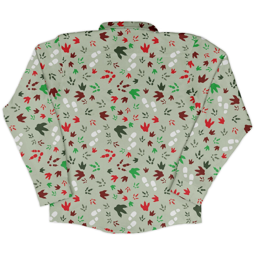 Santa Boots and Dinosaur Footprint Tracks Long Sleeve Button Up Shirt Geek Nerd adult sizing Christmas Print dinosaur print