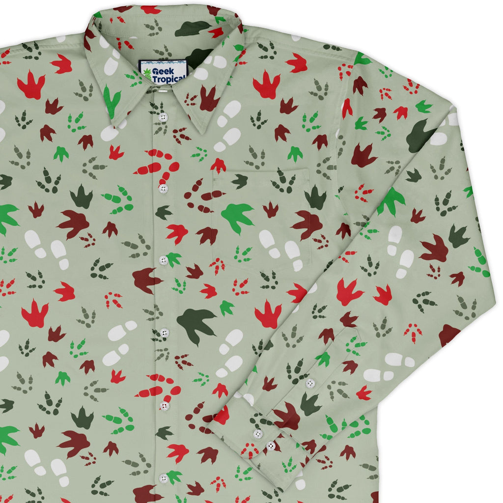 Santa Boots and Dinosaur Footprint Tracks Long Sleeve Button Up Shirt Geek Nerd adult sizing Christmas Print dinosaur print