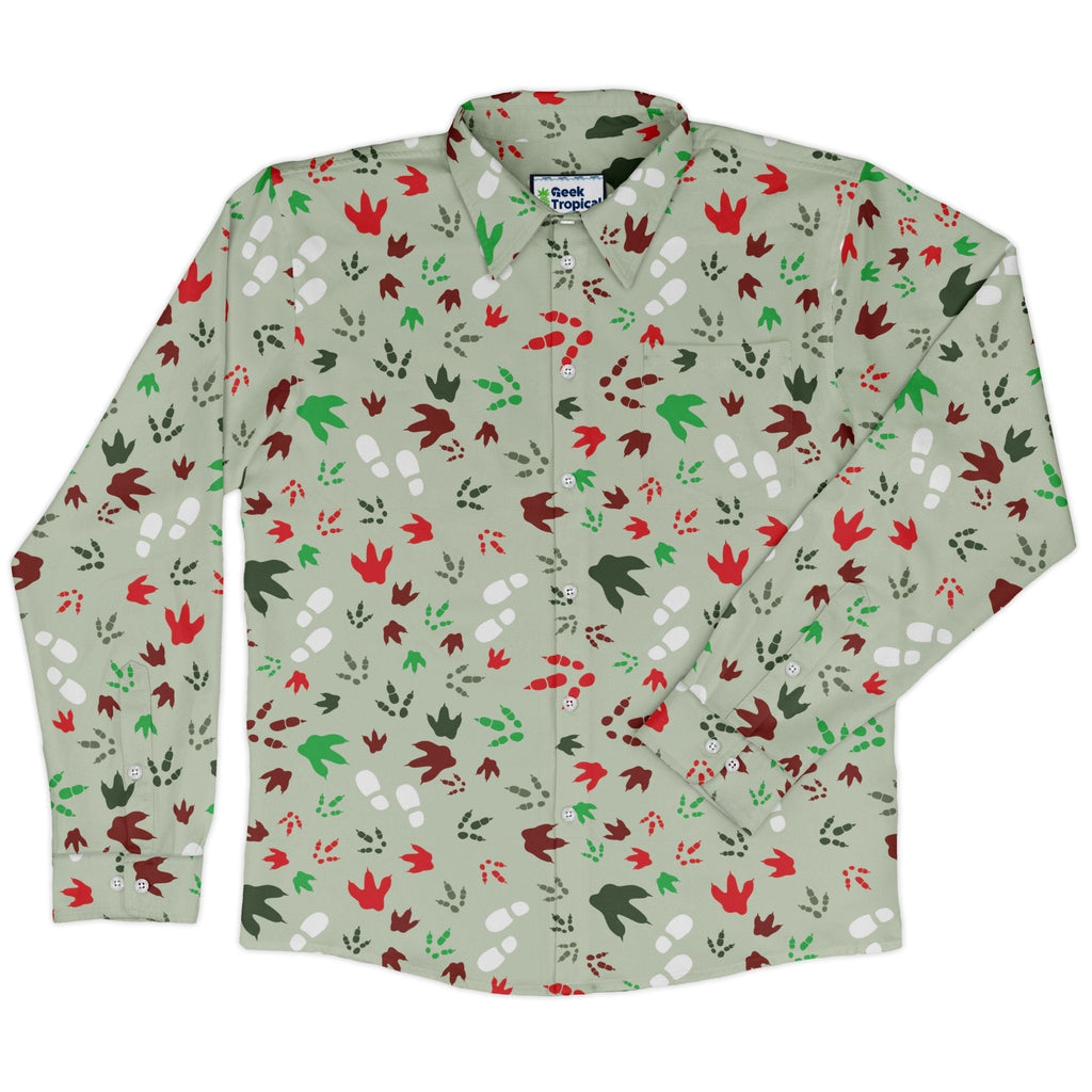 Santa Boots and Dinosaur Footprint Tracks Long Sleeve Button Up Shirt Geek Nerd adult sizing Christmas Print dinosaur print