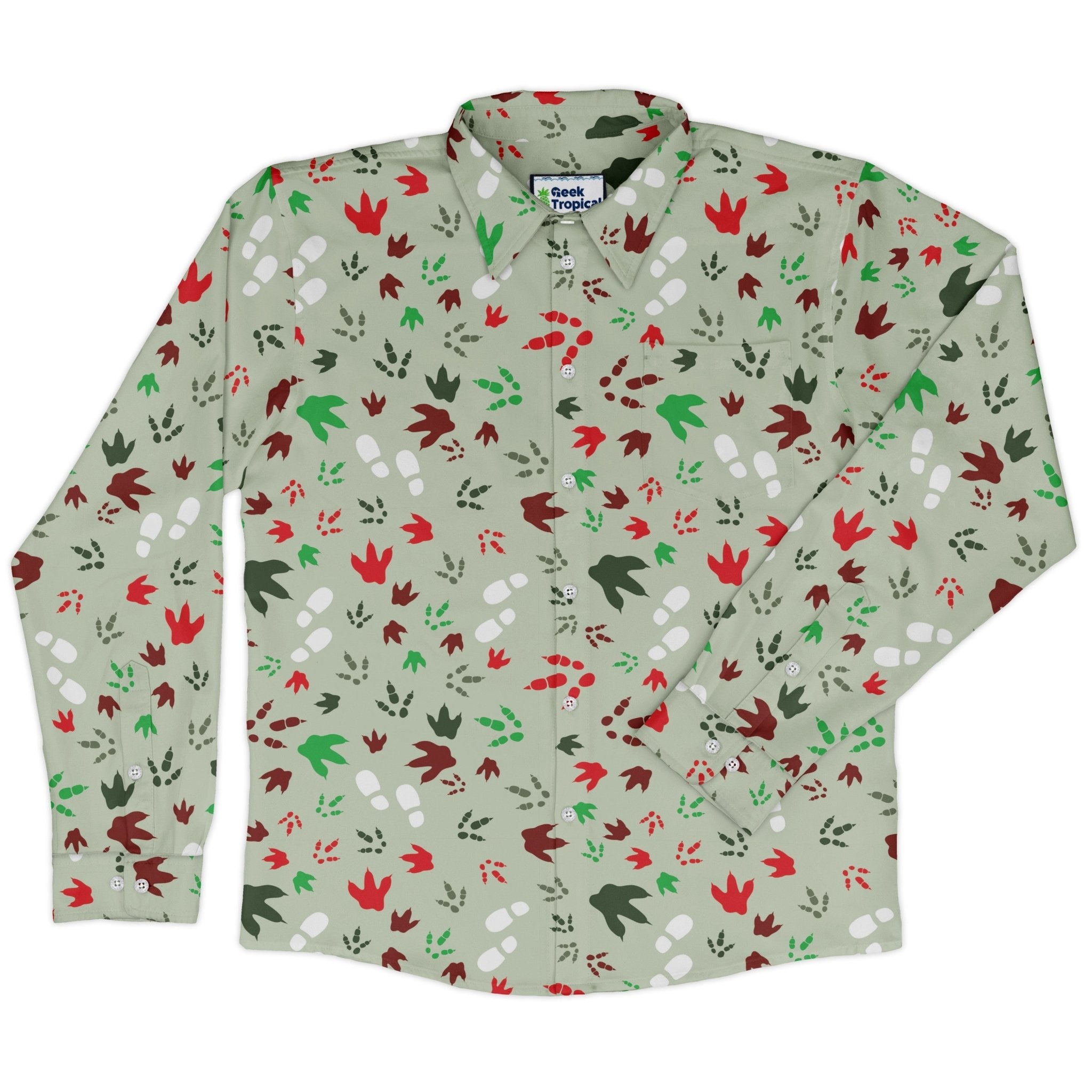 Santa Boots and Dinosaur Footprint Tracks Long Sleeve Button Up Shirt Geek Nerd adult sizing Christmas Print dinosaur print