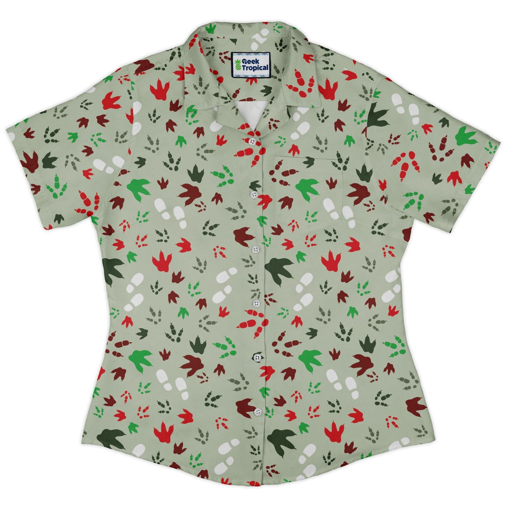 Santa Boots and Dinosaur Footprint Tracks Curvy Button Up Shirt Geek Nerd Christmas Print dinosaur print women