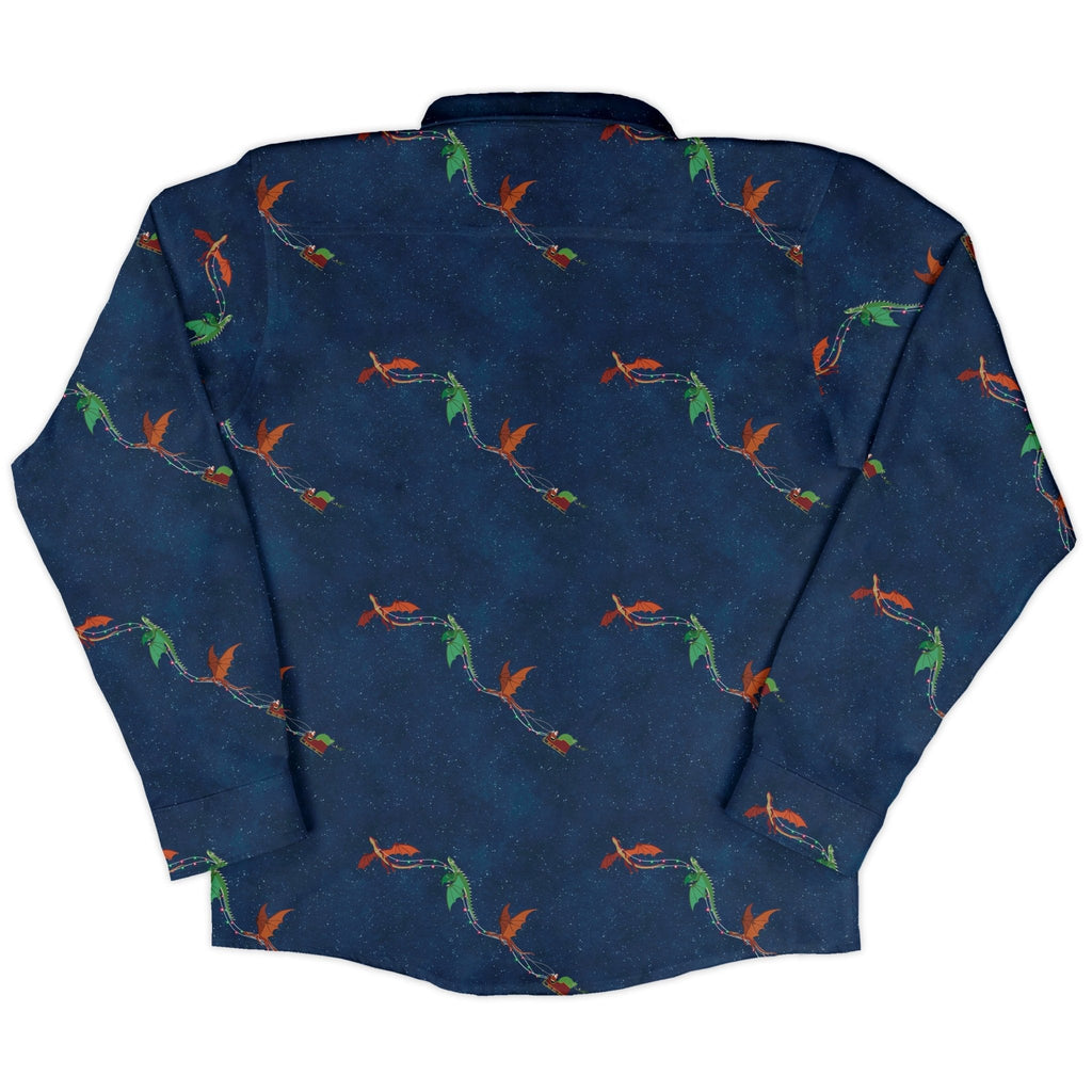 Santa Sleigh Dragons Long Sleeve Button Up Shirt Geek Nerd adult sizing Christmas Print Designs by Nathan