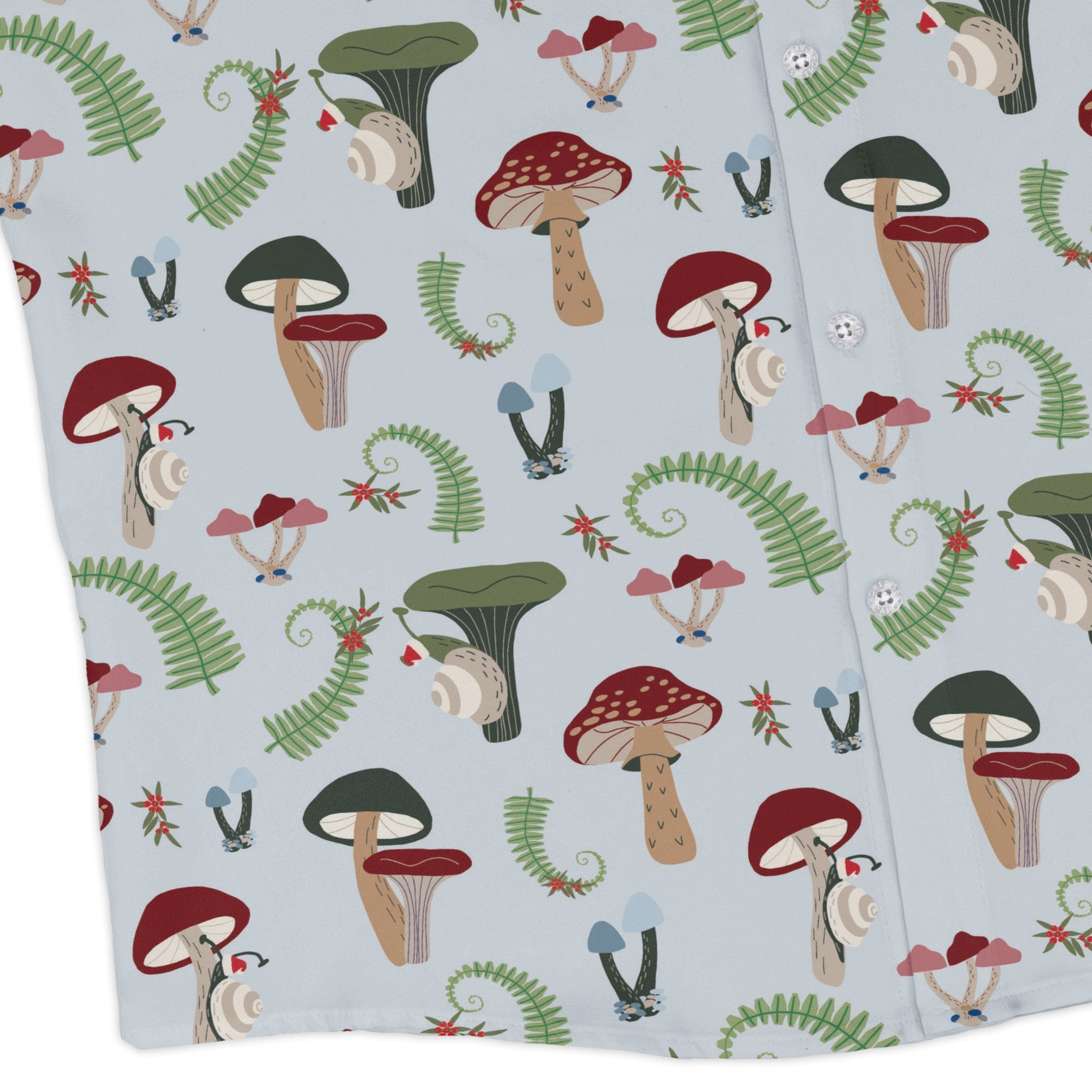 Santa Snails and Winter Mushrooms Long Sleeve Button Up Shirt Geek Nerd adult sizing Botany Print Christmas Print