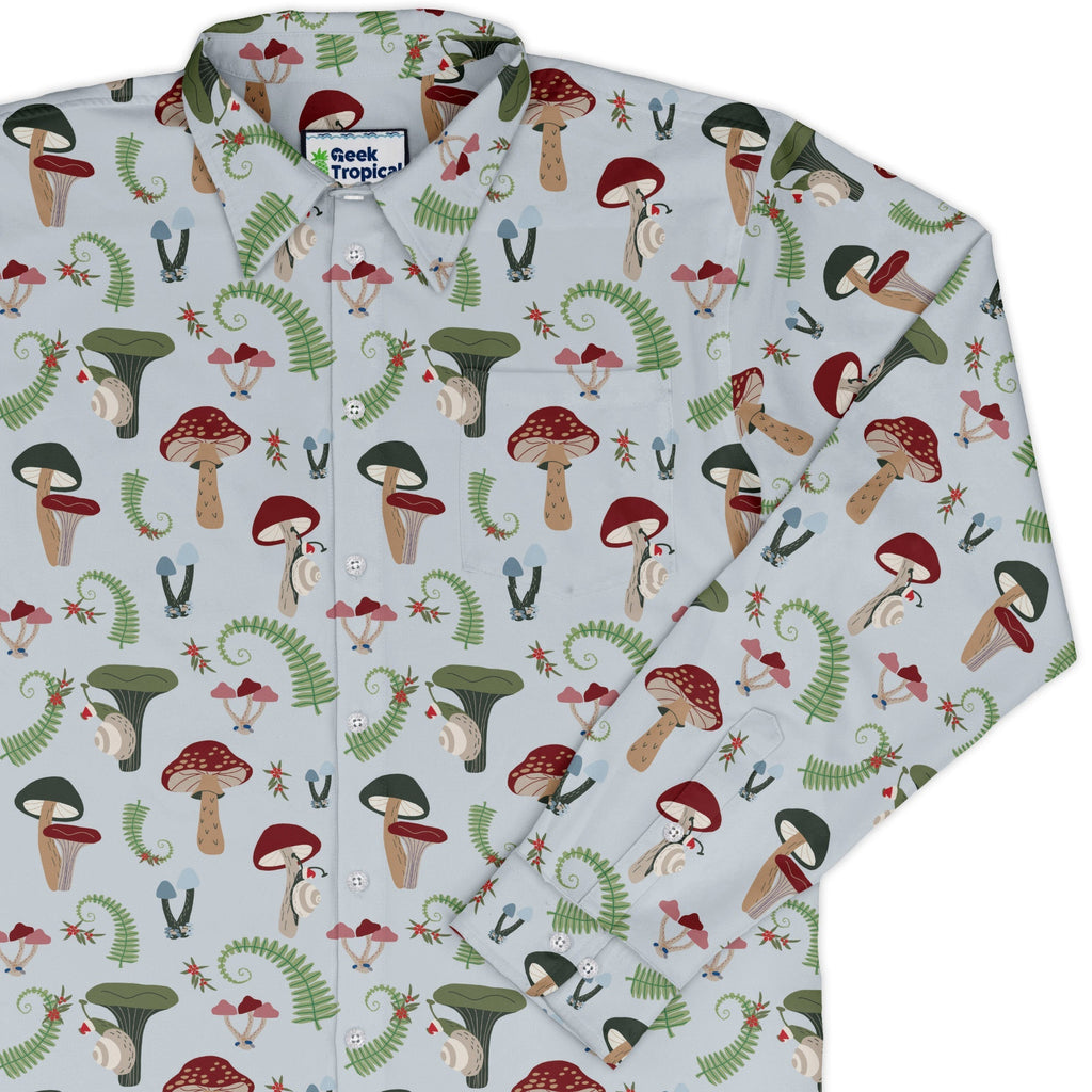 Santa Snails and Winter Mushrooms Long Sleeve Button Up Shirt Geek Nerd adult sizing Botany Print Christmas Print