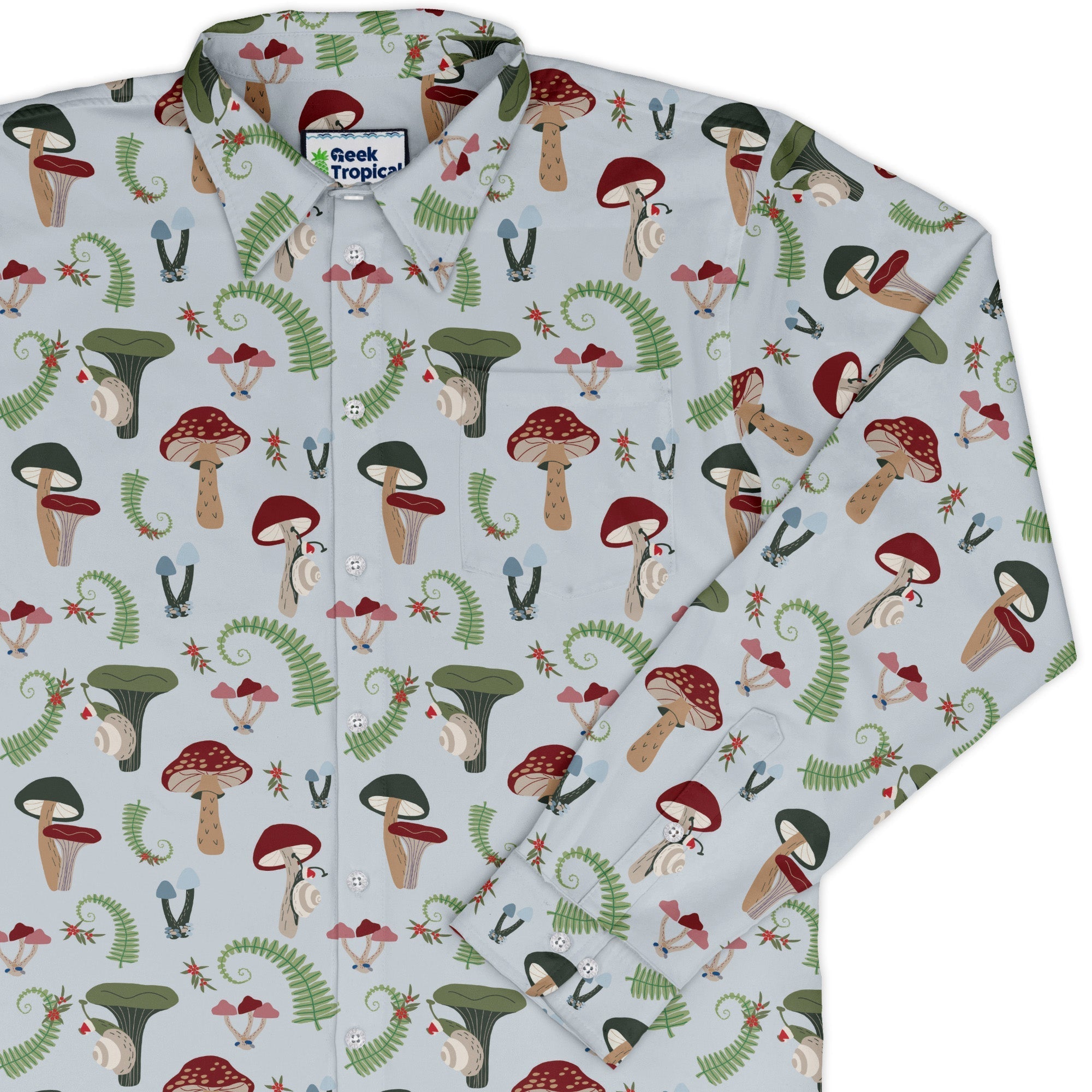 Santa Snails and Winter Mushrooms Long Sleeve Button Up Shirt Geek Nerd adult sizing Botany Print Christmas Print