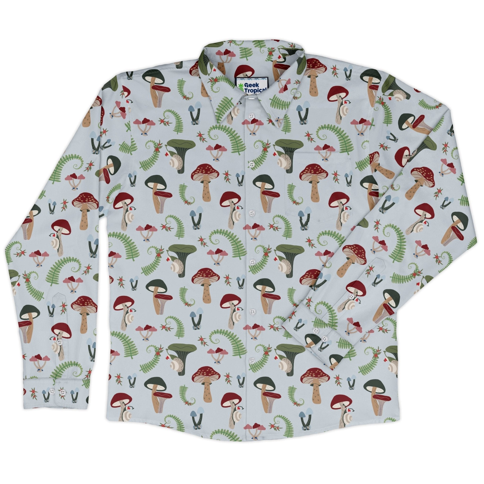 Santa Snails and Winter Mushrooms Long Sleeve Button Up Shirt Geek Nerd adult sizing Botany Print Christmas Print