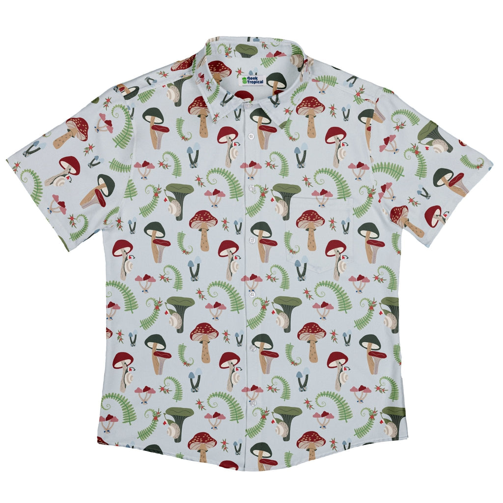 Santa Snails & Winter Mushrooms Button Up Shirt Geek Nerd adult sizing Christmas Print