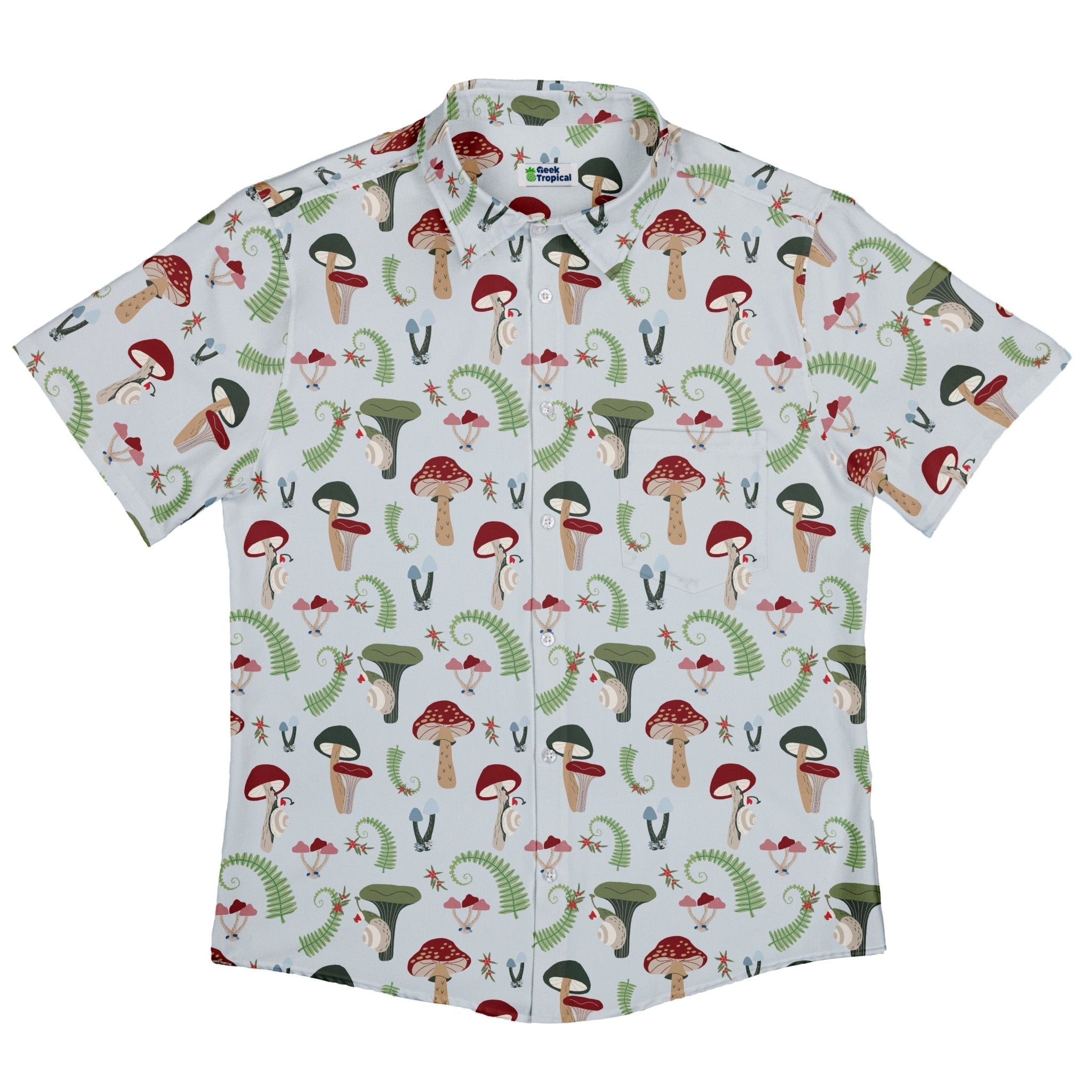 Santa Snails & Winter Mushrooms Button Up Shirt Geek Nerd adult sizing Christmas Print