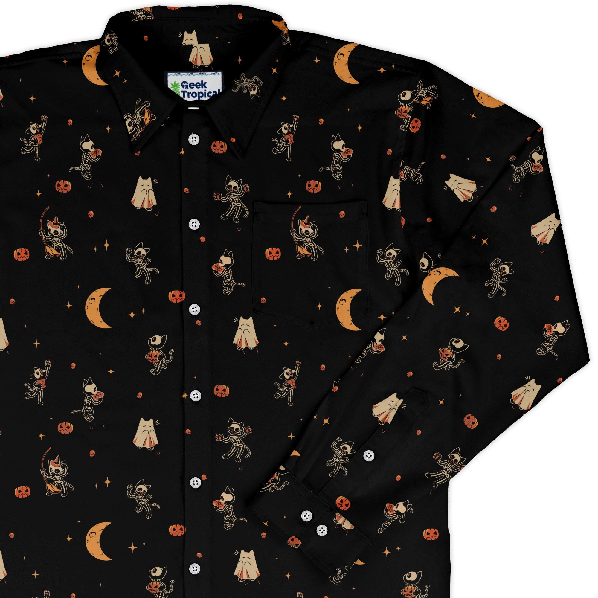 Scaredy Cats Long Sleeve Button Up Shirt Geek Nerd adult sizing Design by Tobe Fonseca FLOW DESC WRITING