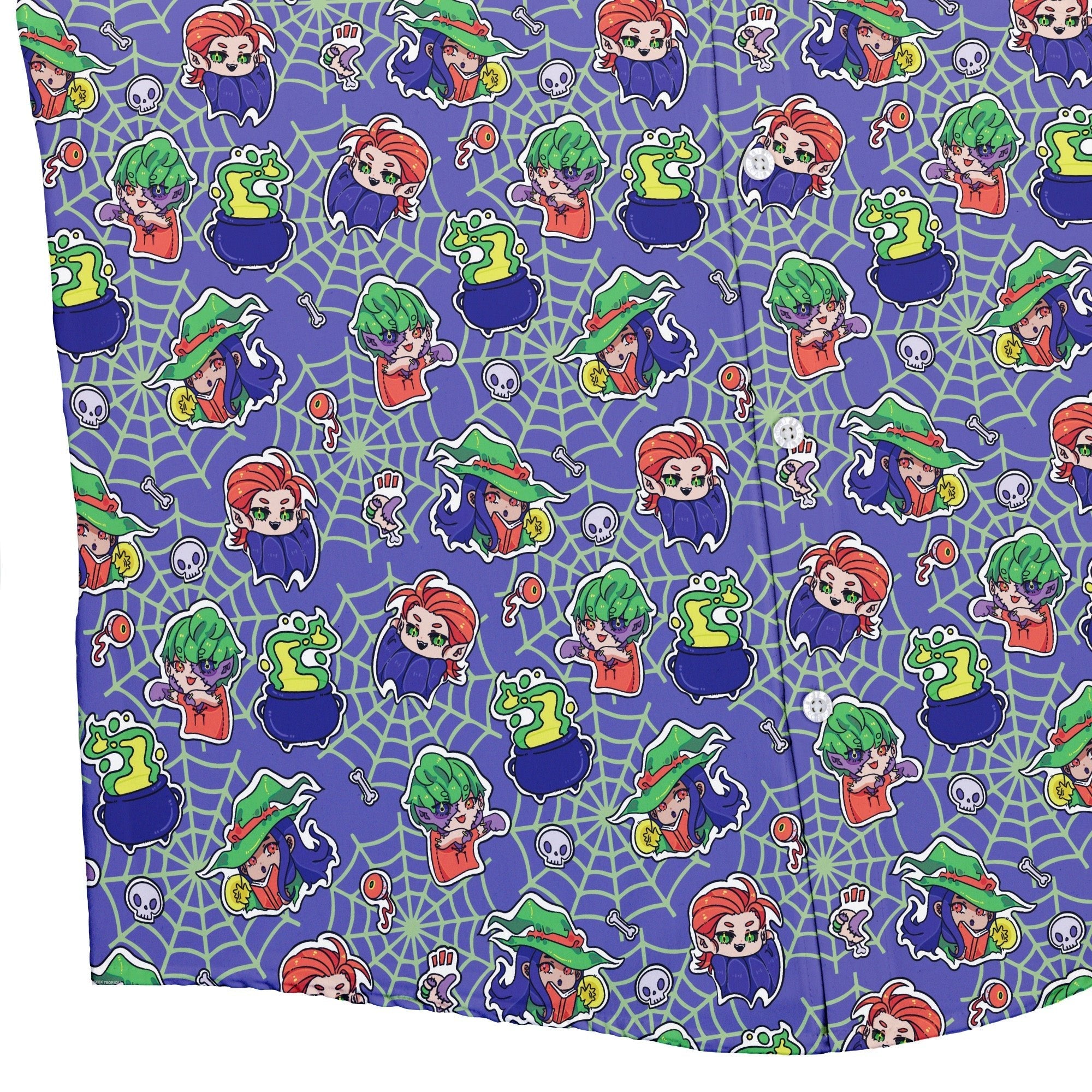 Scary Anime Chibi Stickers Purple Green Button Up Shirt Geek Nerd adult sizing Anime Design by Ardi Tong
