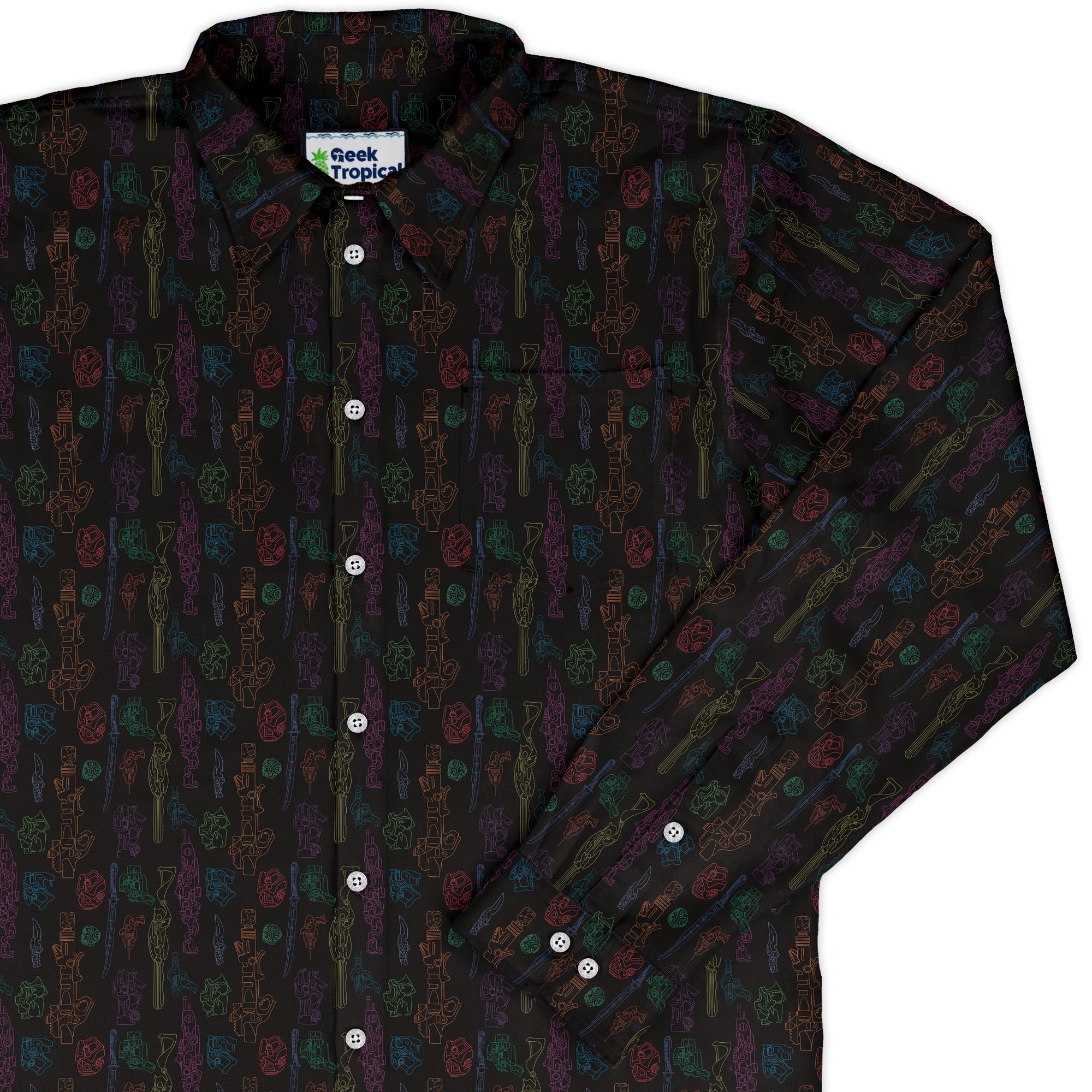 Sci Fi Weapons Long Sleeve Button Up Shirt Geek Nerd adult sizing Designs by Nathan Fantasy Prints