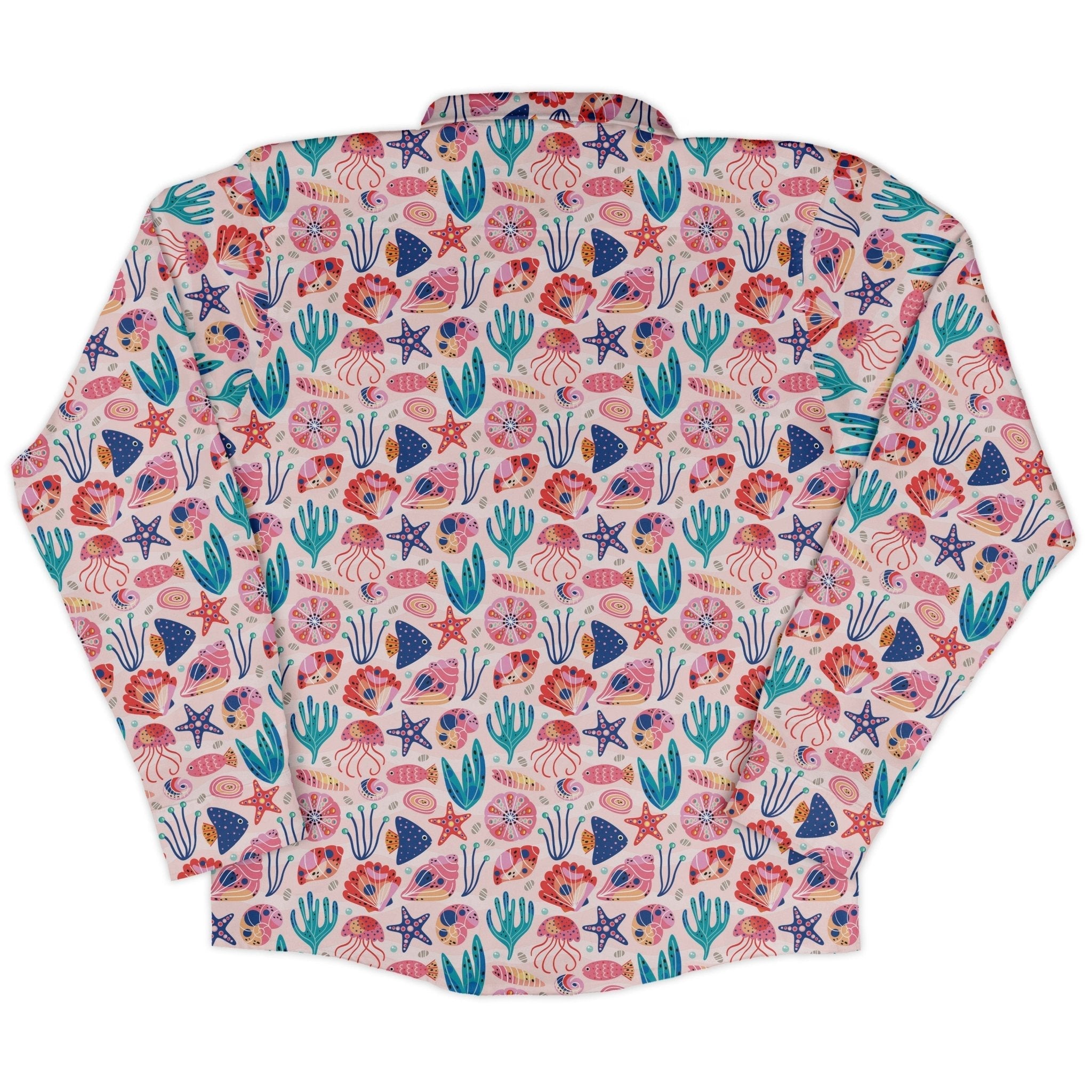 Science Cute Marine Biology Pink Long Sleeve Button Up Shirt Geek Nerd adult sizing Animal Patterns FLOW DESC WRITING