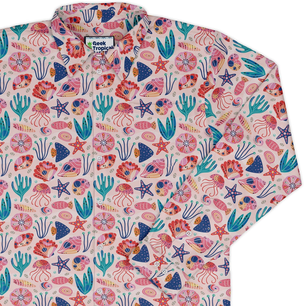 Science Cute Marine Biology Pink Long Sleeve Button Up Shirt Geek Nerd adult sizing Animal Patterns FLOW DESC WRITING