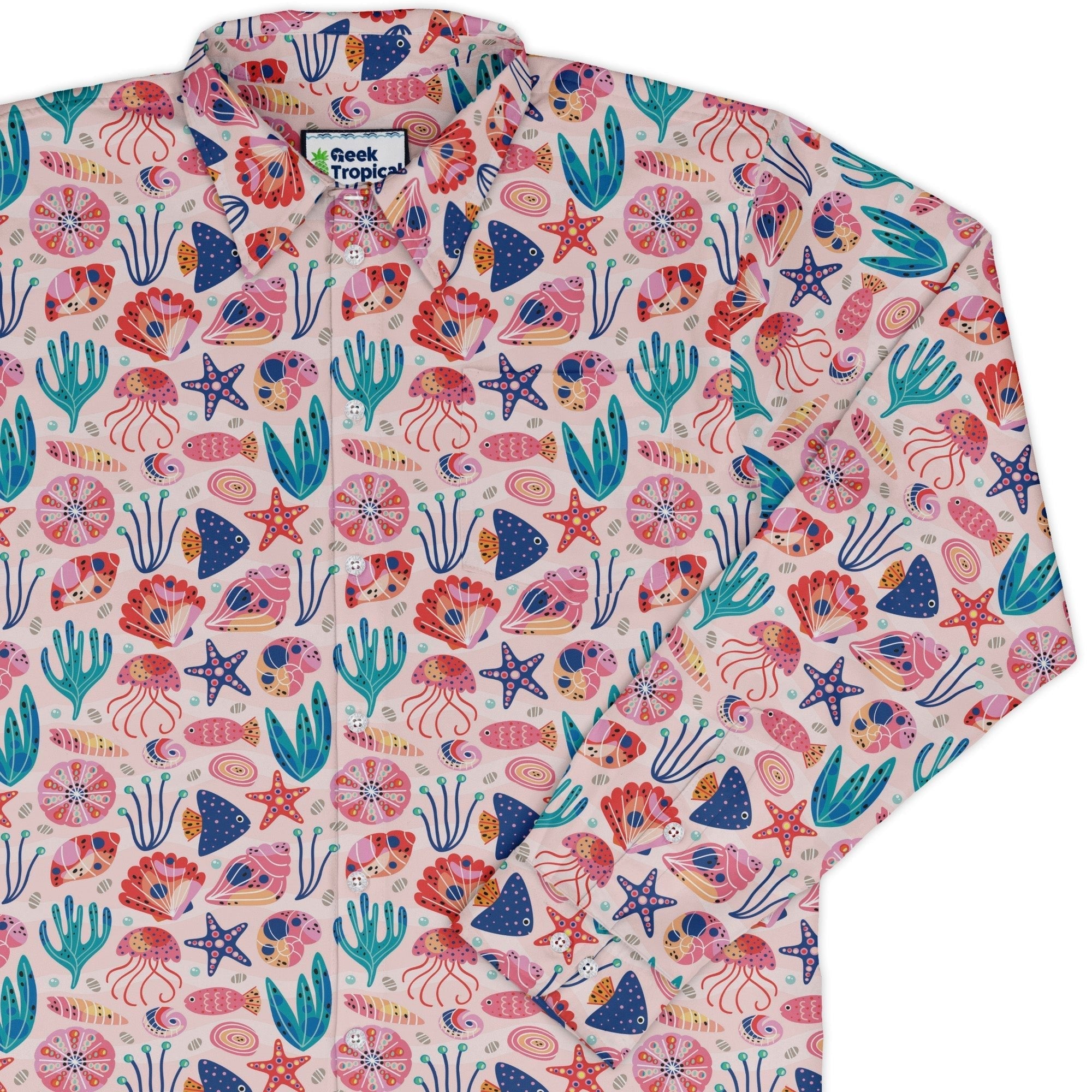 Science Cute Marine Biology Pink Long Sleeve Button Up Shirt Geek Nerd adult sizing Animal Patterns FLOW DESC WRITING