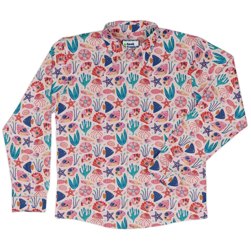 Science Cute Marine Biology Pink Long Sleeve Button Up Shirt Geek Nerd adult sizing Animal Patterns FLOW DESC WRITING