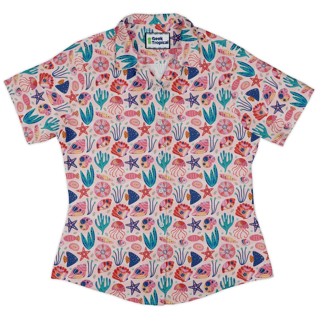 Science Cute Marine Biology Pink Curvy Button Up Shirt Geek Nerd Animal Patterns lifestyle photo science print