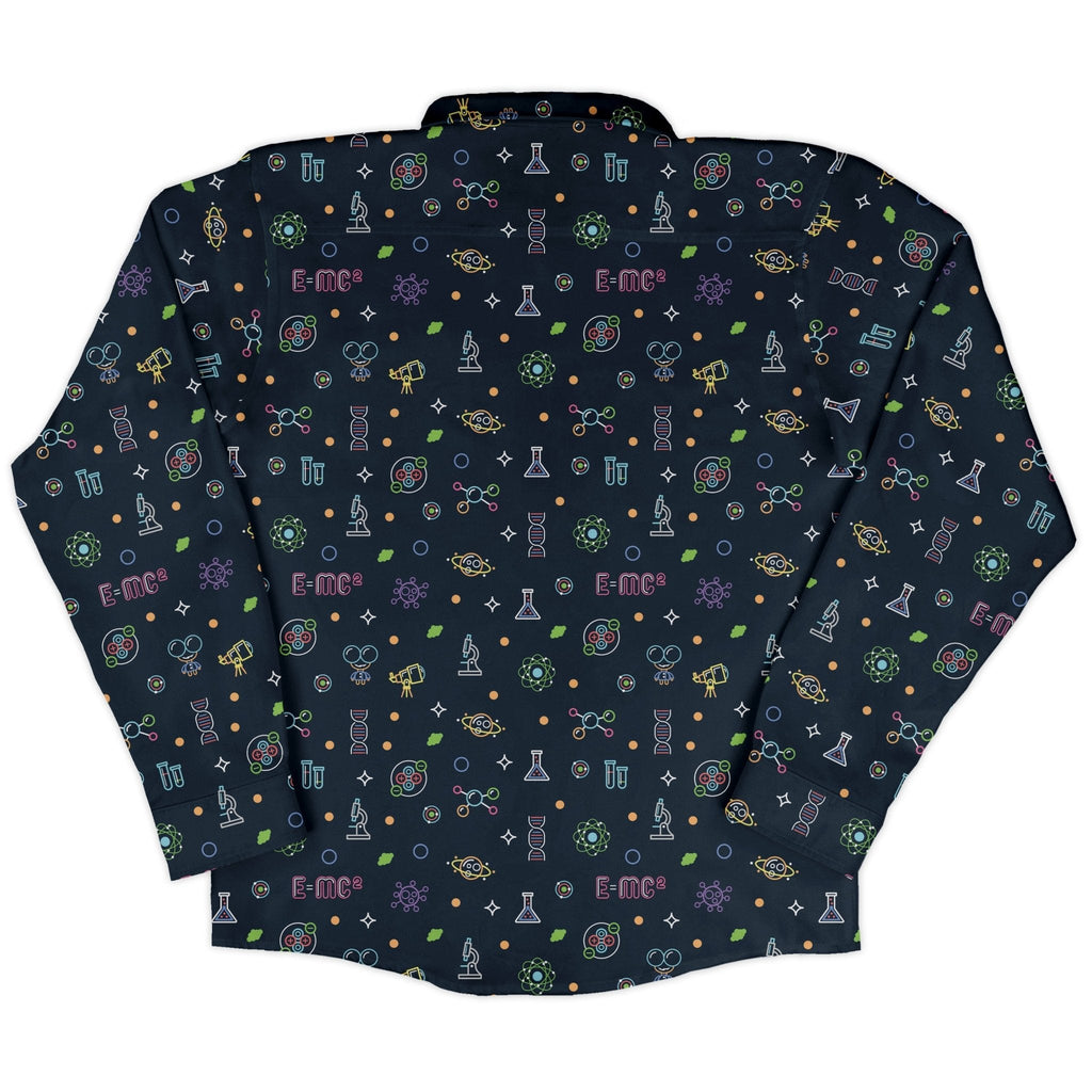 Science DNA Molecules Dark Navy Long Sleeve Button Up Shirt Geek Nerd adult sizing FLOW DESC WRITING science print