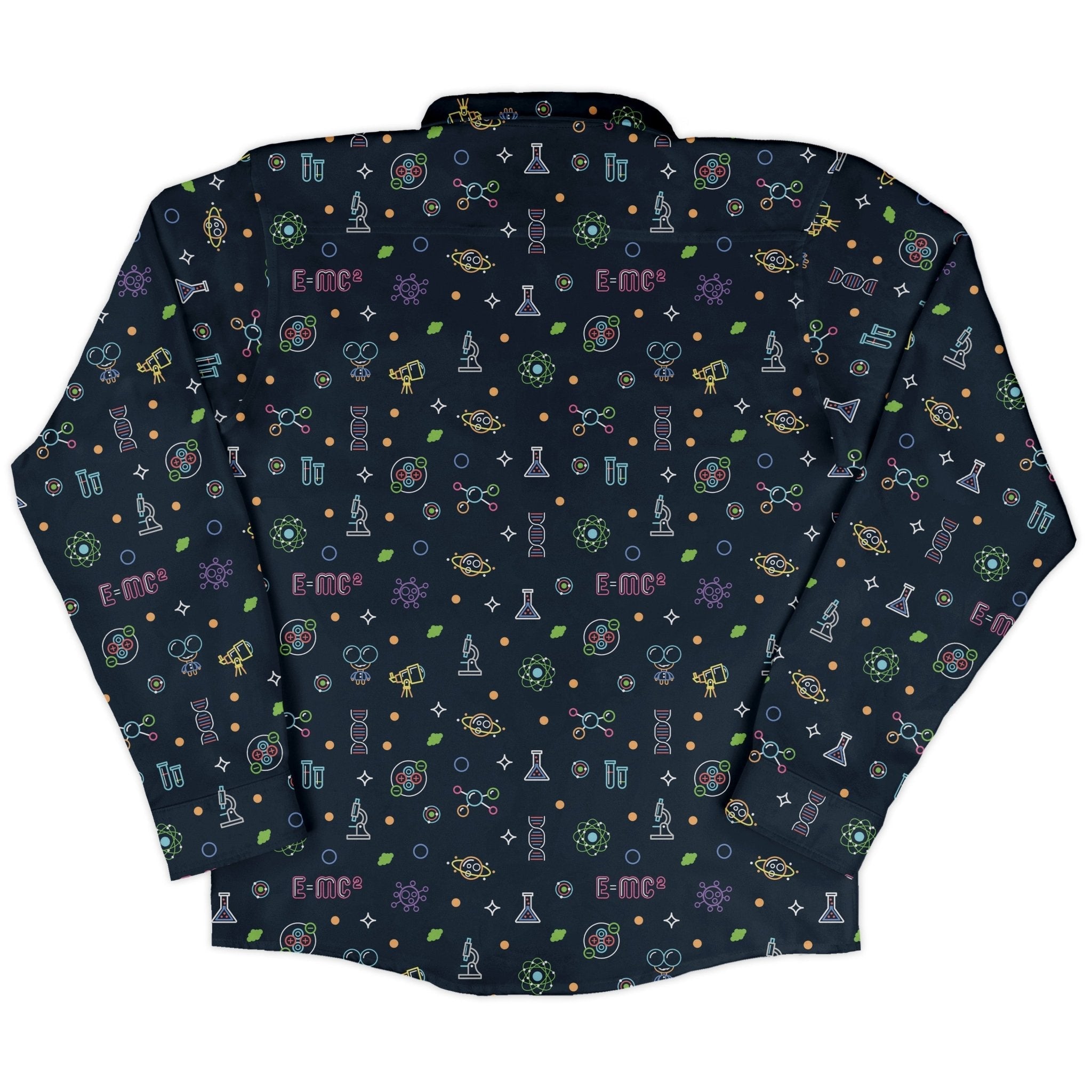 Science DNA Molecules Dark Navy Long Sleeve Button Up Shirt Geek Nerd adult sizing FLOW DESC WRITING science print