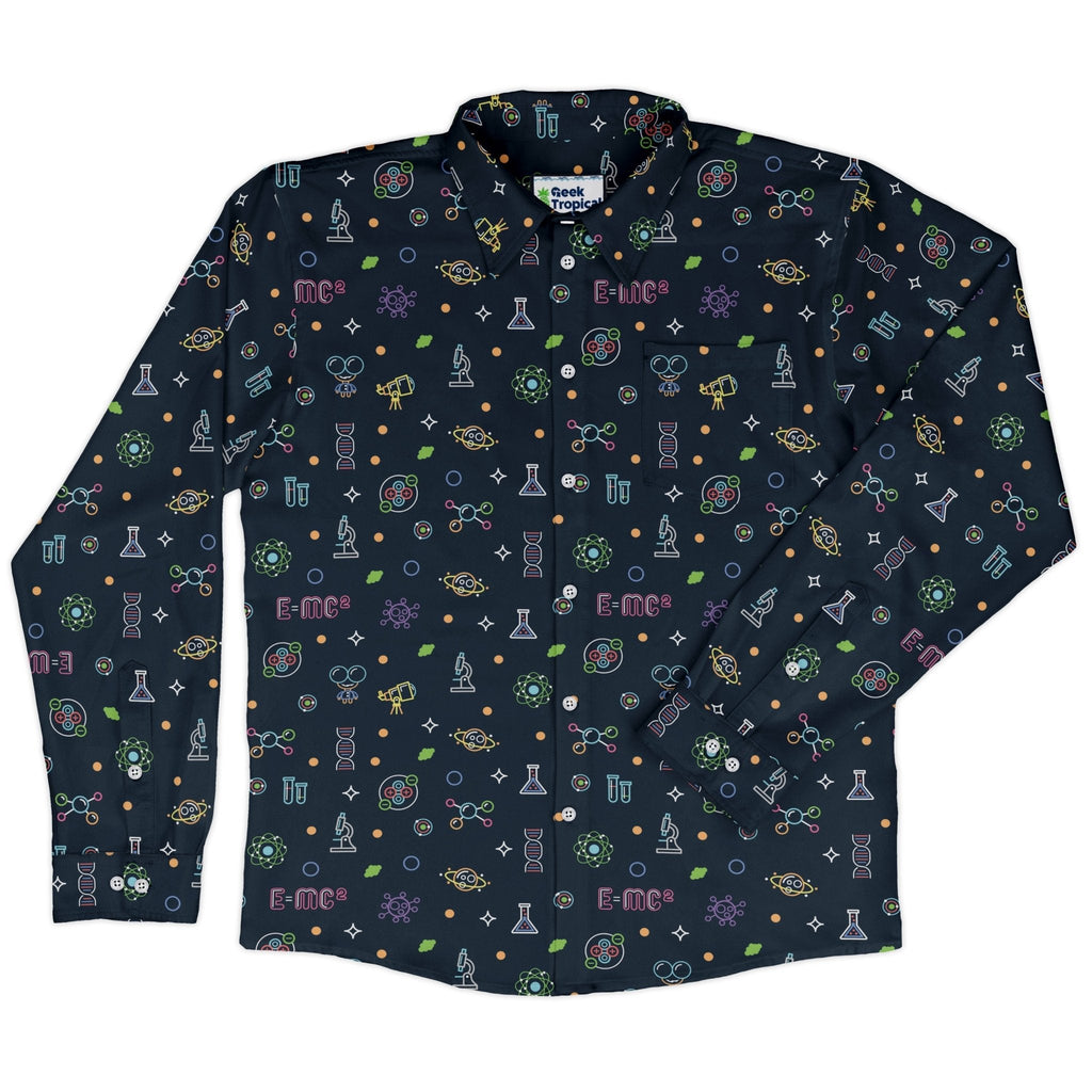 Science DNA Molecules Dark Navy Long Sleeve Button Up Shirt Geek Nerd adult sizing FLOW DESC WRITING science print