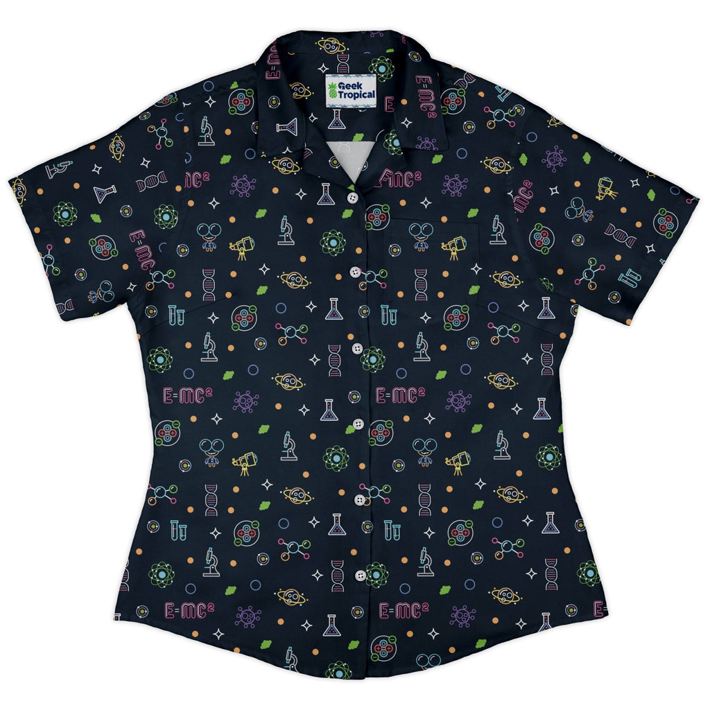 Science DNA Molecules Dark Navy Curvy Button Up Shirt Geek Nerd science print women