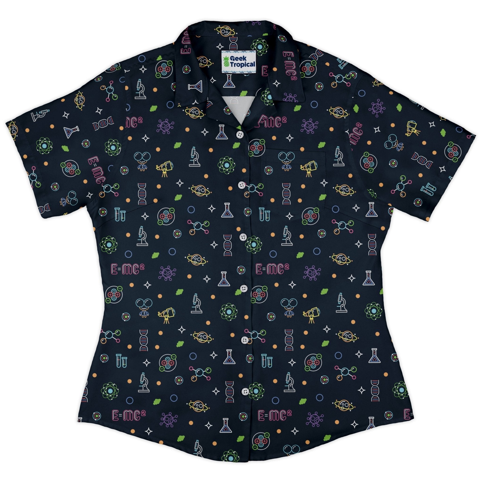 Science DNA Molecules Dark Navy Curvy Button Up Shirt Geek Nerd science print women