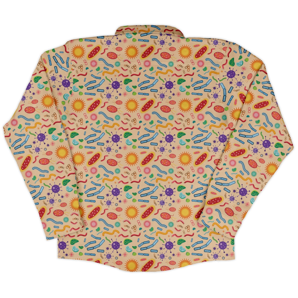 Science Detailed Microbes Pink Orange Long Sleeve Button Up Shirt Geek Nerd adult sizing FLOW DESC WRITING science print