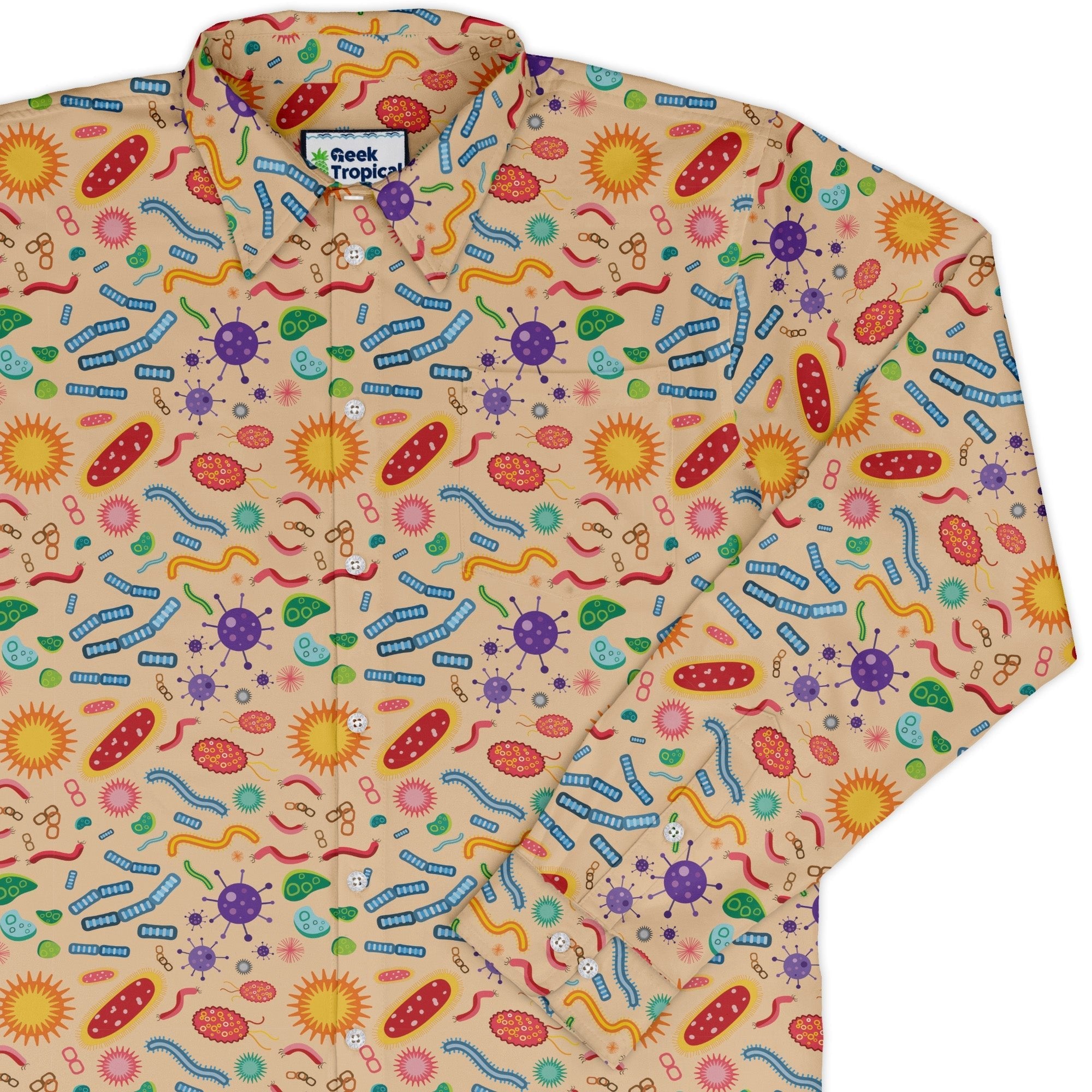 Science Detailed Microbes Pink Orange Long Sleeve Button Up Shirt Geek Nerd adult sizing FLOW DESC WRITING science print