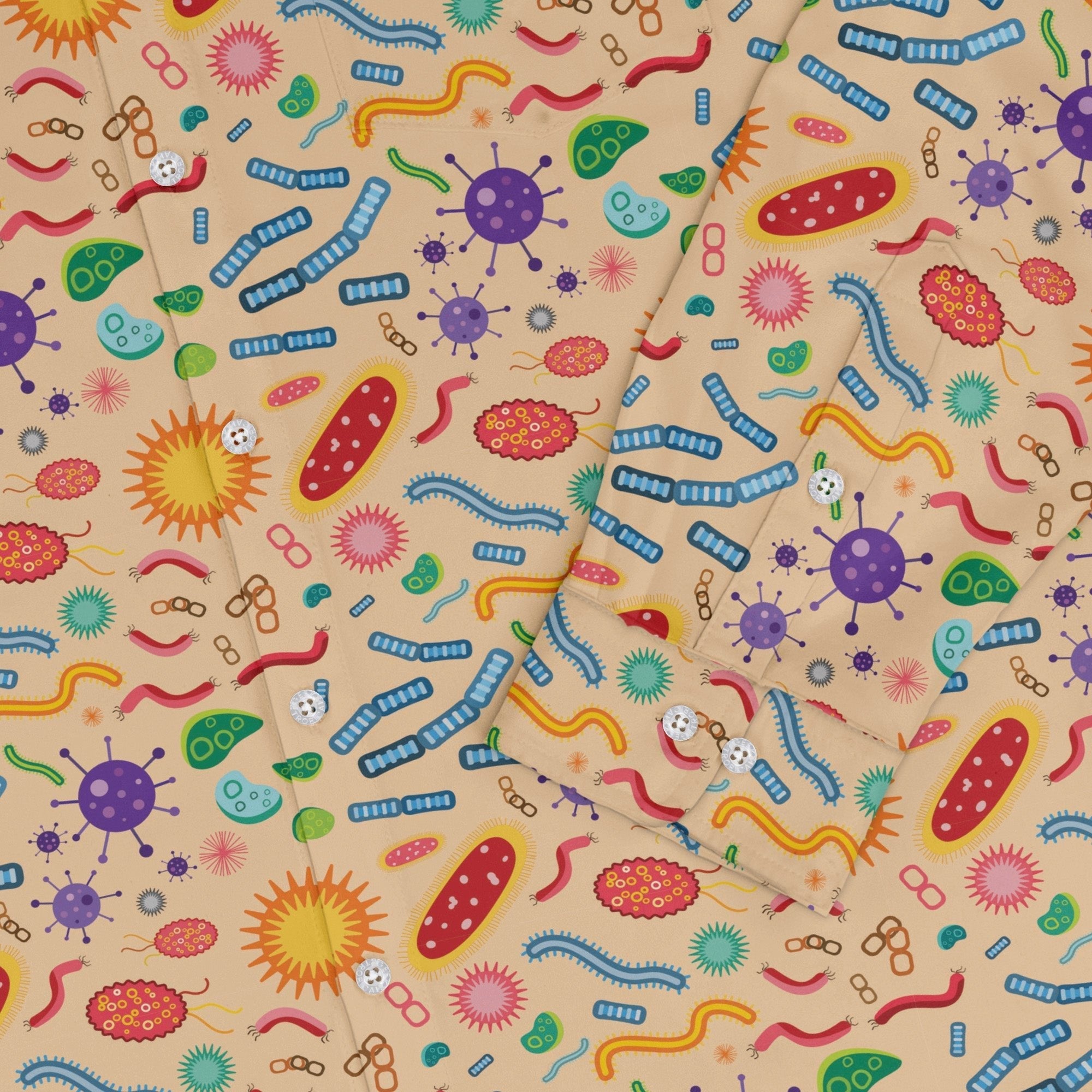 Science Detailed Microbes Pink Orange Long Sleeve Button Up Shirt Geek Nerd adult sizing FLOW DESC WRITING science print