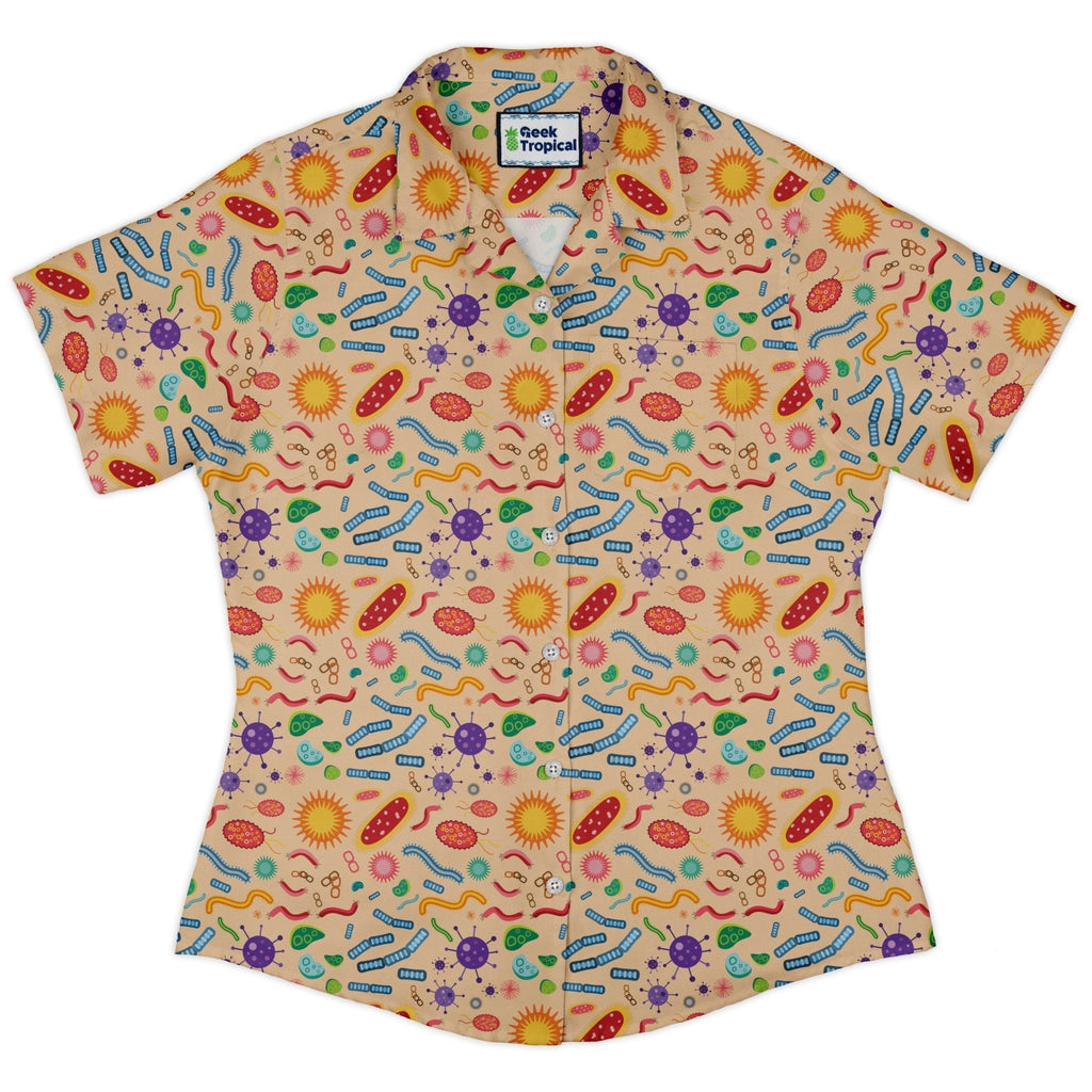 Science Detailed Microbes Pink Orange Curvy Button Up Shirt Geek Nerd science print women