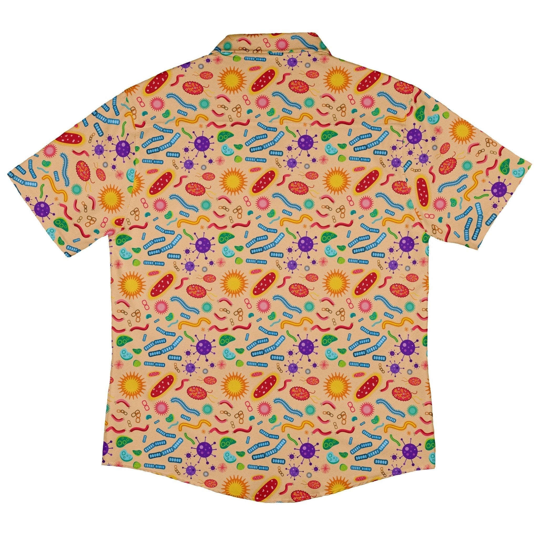 Science Detailed Microbes Pink Orange Button Up Shirt - adult sizing - science print -