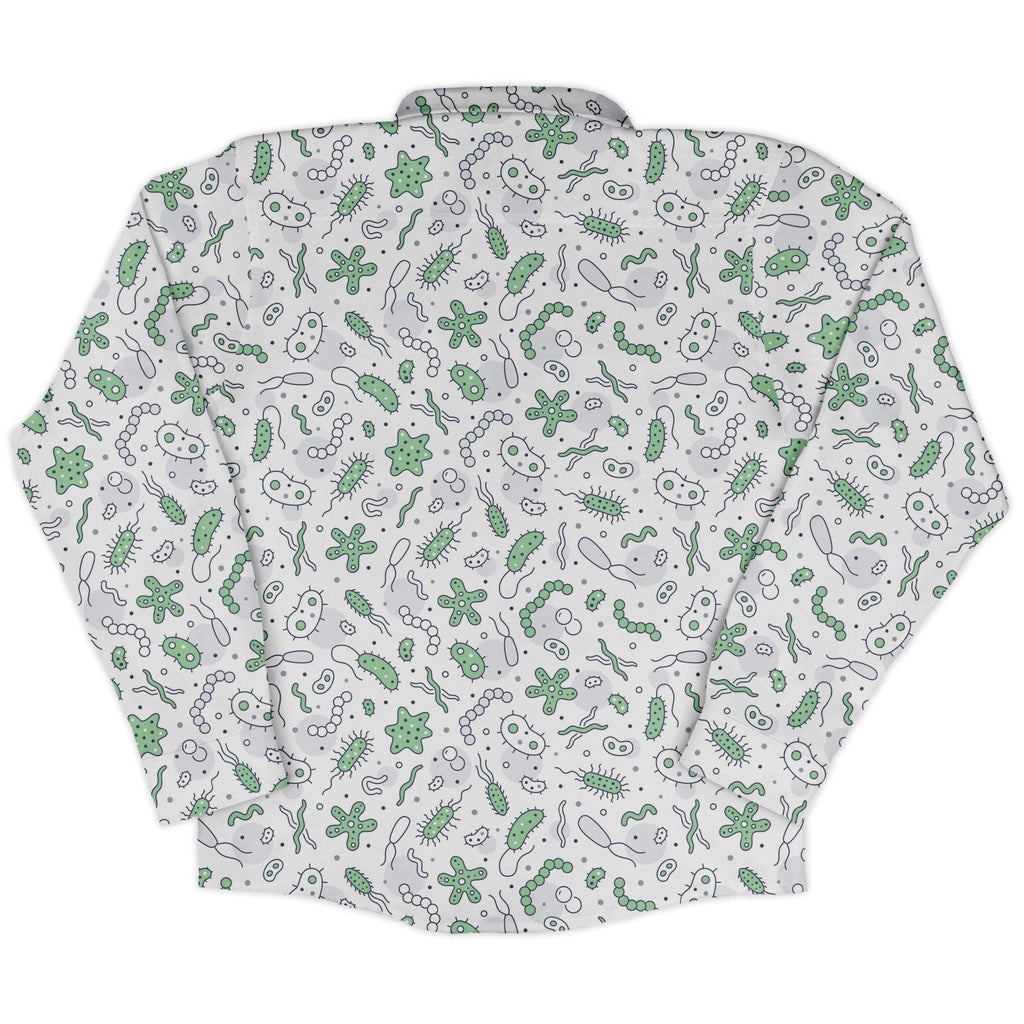 Science Green Microbes White Long Sleeve Button Up Shirt Geek Nerd adult sizing FLOW DESC WRITING science print