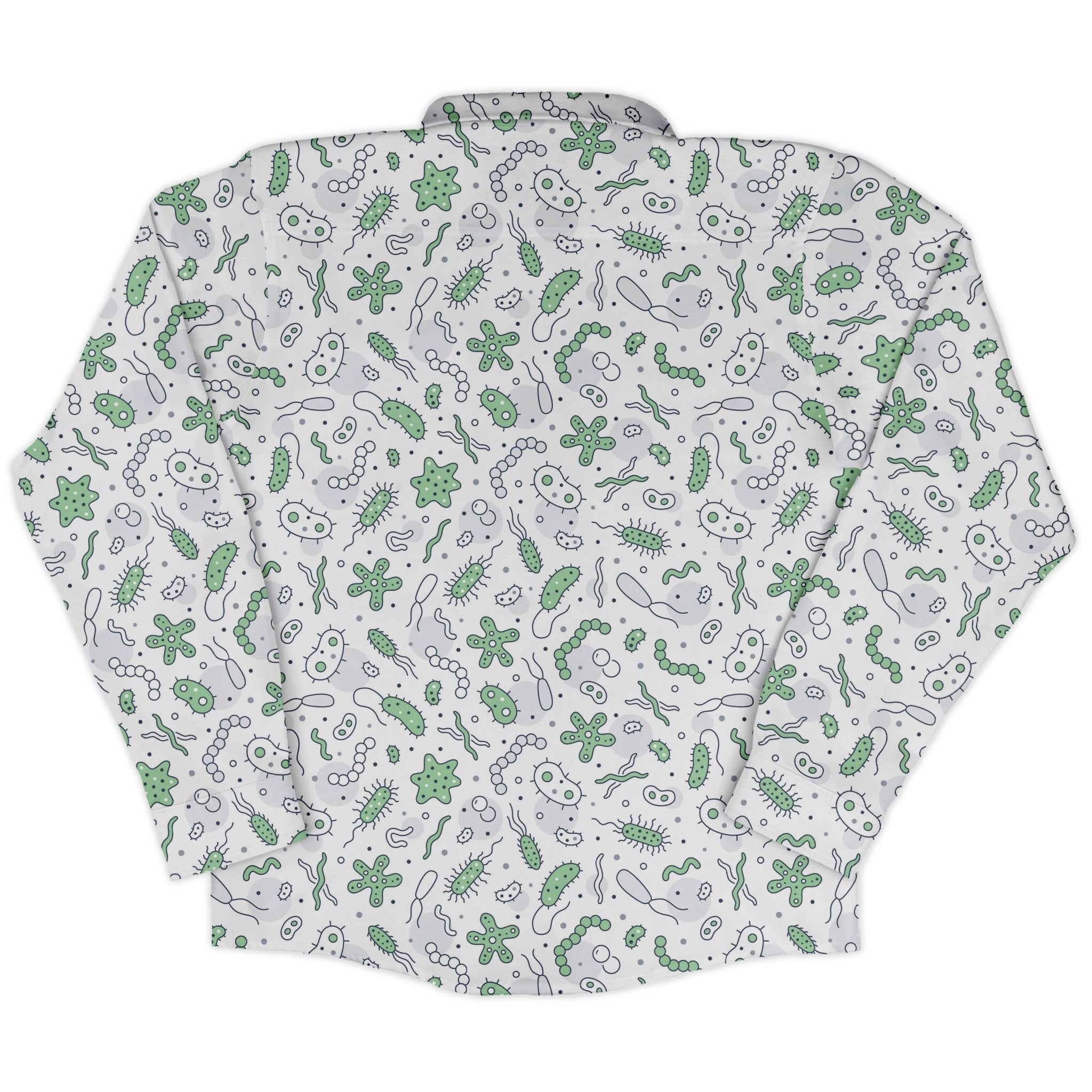 Science Green Microbes White Long Sleeve Button Up Shirt Geek Nerd adult sizing FLOW DESC WRITING science print