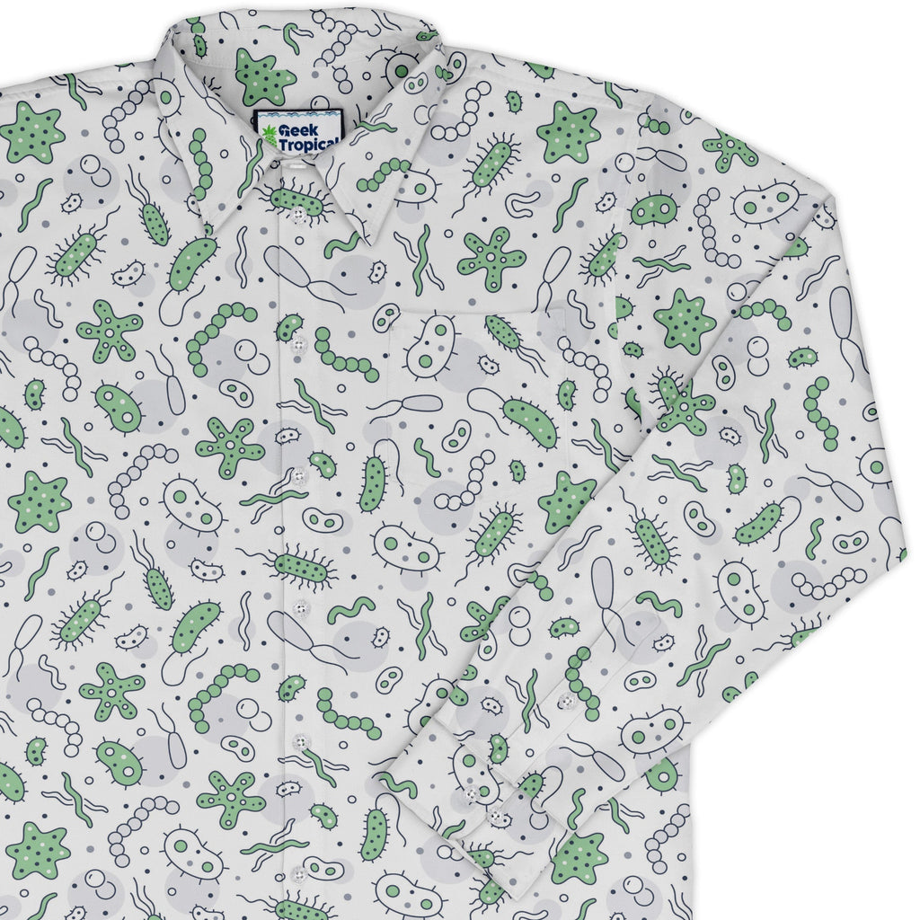 Science Green Microbes White Long Sleeve Button Up Shirt Geek Nerd adult sizing FLOW DESC WRITING science print