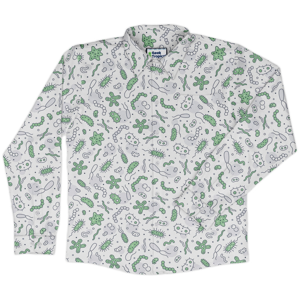 Science Green Microbes White Long Sleeve Button Up Shirt Geek Nerd adult sizing FLOW DESC WRITING science print