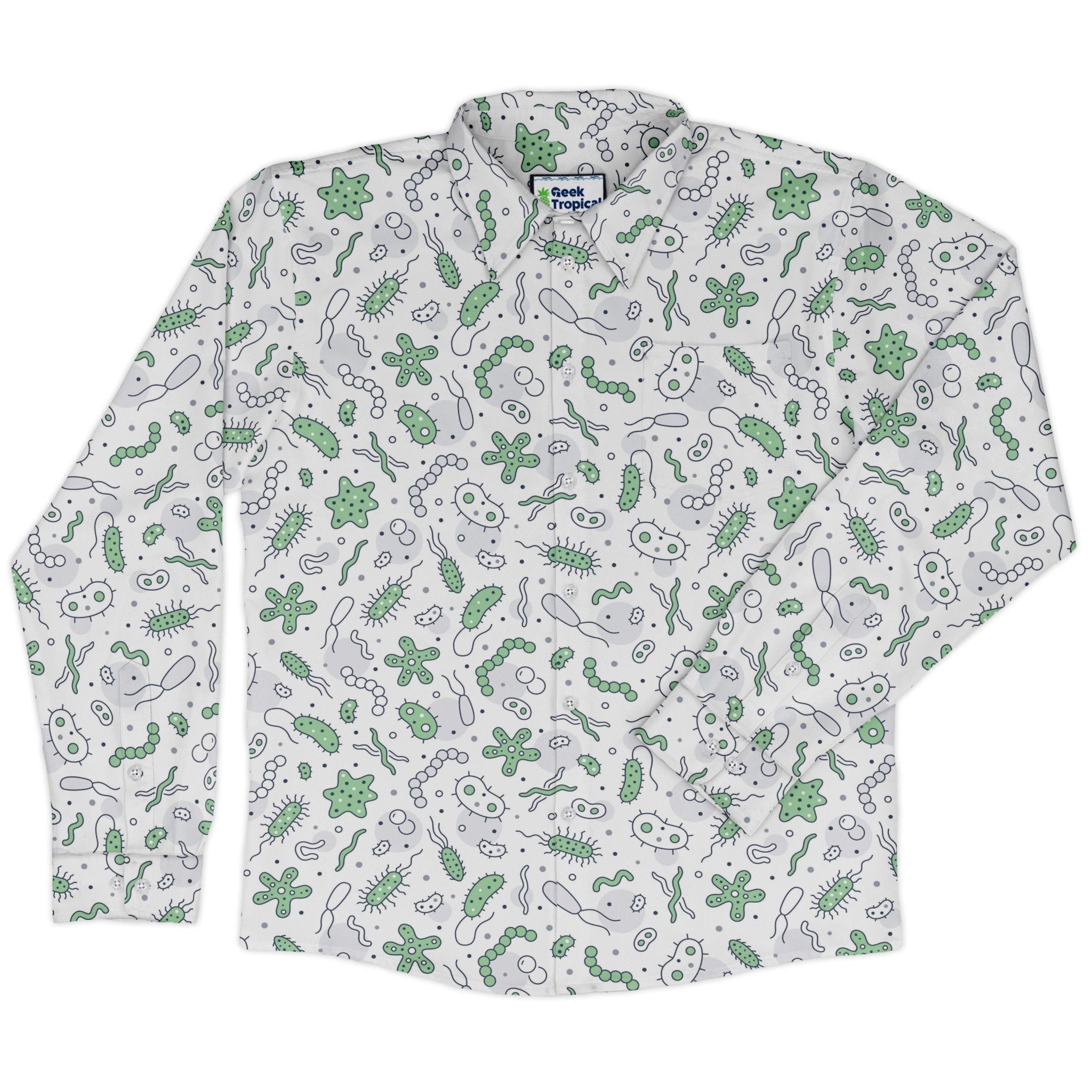 Science Green Microbes White Long Sleeve Button Up Shirt Geek Nerd adult sizing FLOW DESC WRITING science print