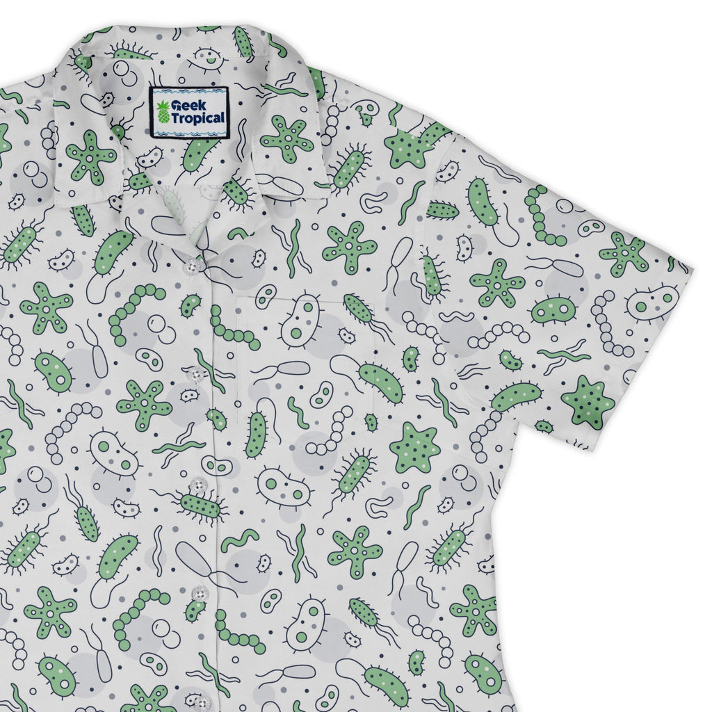 Science Green Microbes White Curvy Button Up Shirt Geek Nerd science print women