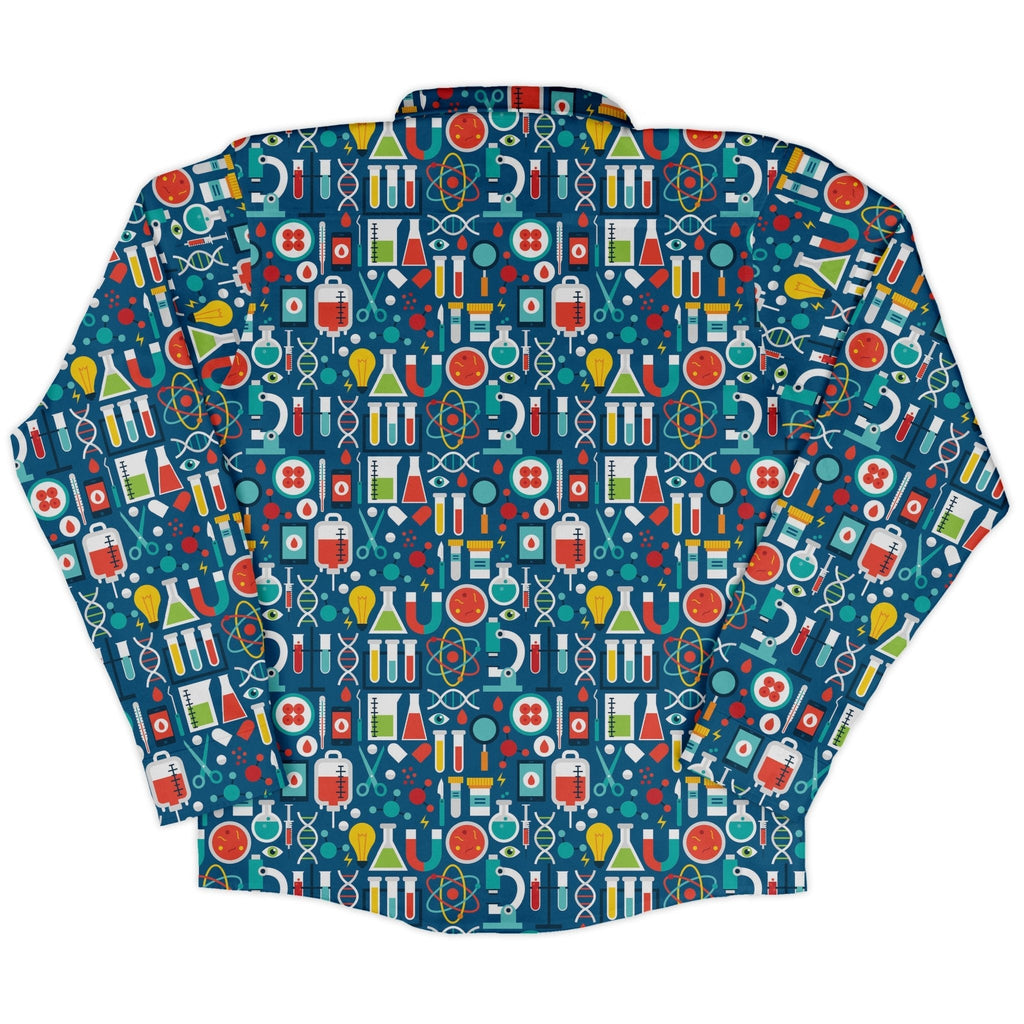 Science Lab Blue Science Long Sleeve Button Up Shirt Geek Nerd adult sizing FLOW DESC WRITING science print