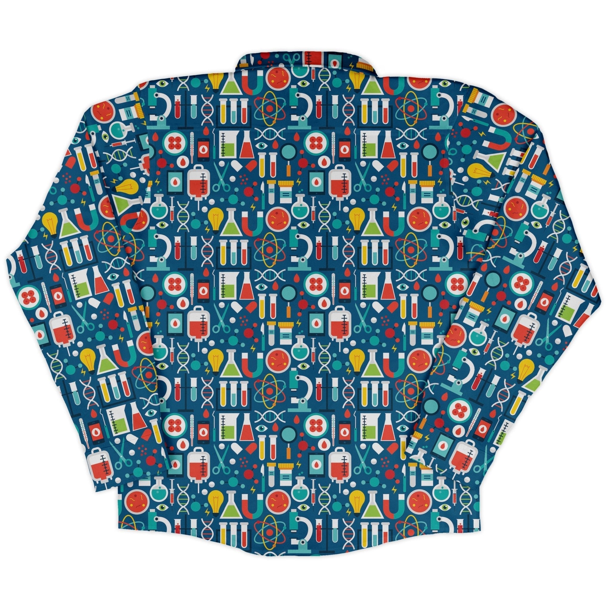 Science Lab Blue Science Long Sleeve Button Up Shirt Geek Nerd adult sizing FLOW DESC WRITING science print