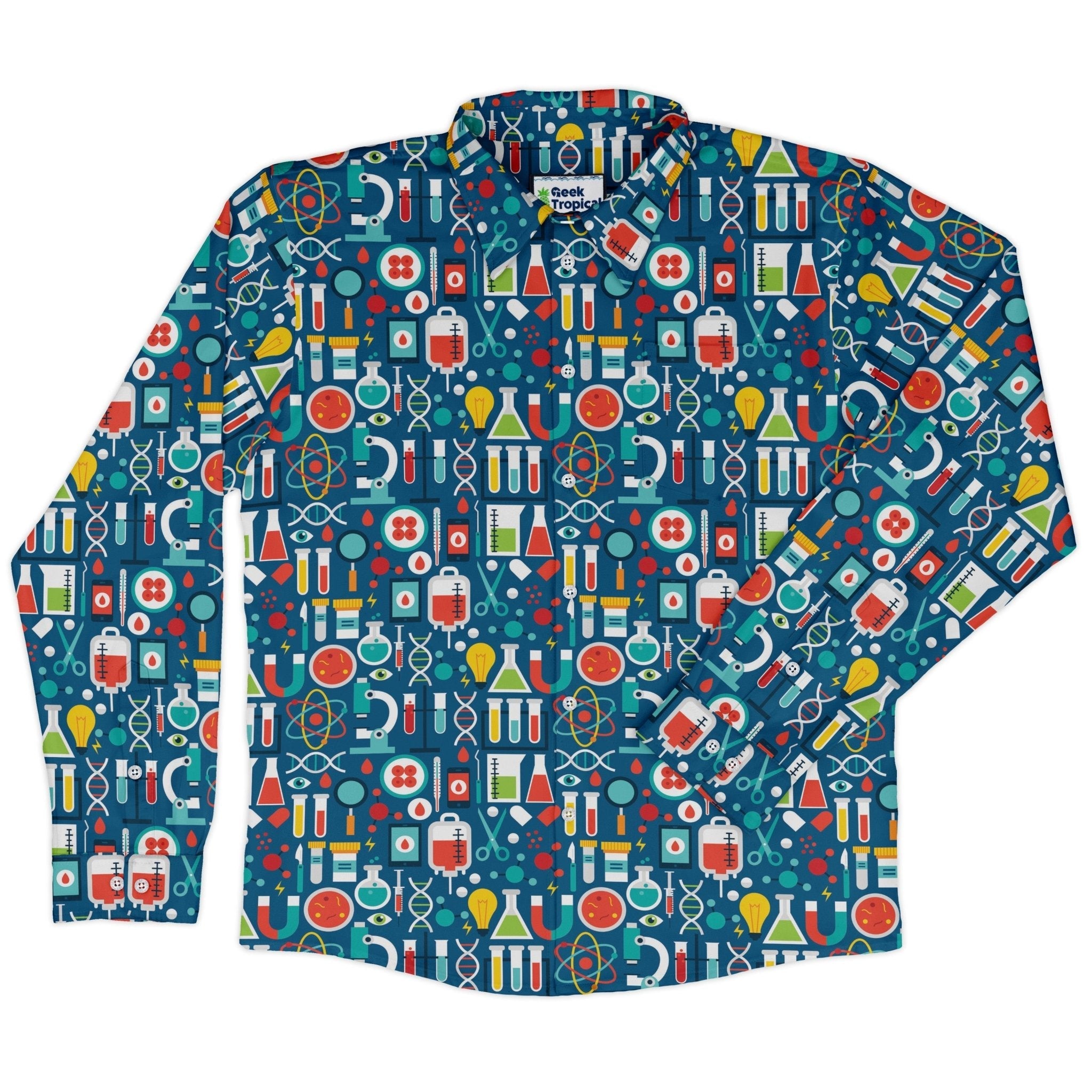 Science Lab Blue Science Long Sleeve Button Up Shirt Geek Nerd adult sizing FLOW DESC WRITING science print