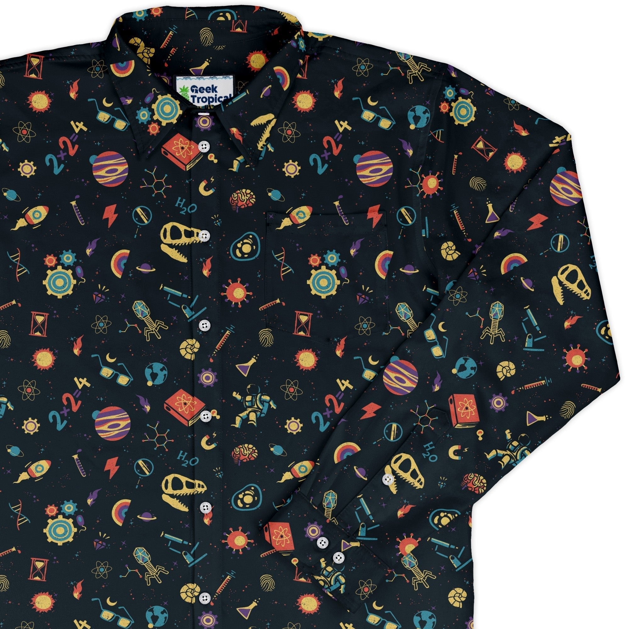 Science Love Long Sleeve Button Up Shirt Geek Nerd adult sizing Design by Tobe Fonseca FLOW DESC WRITING