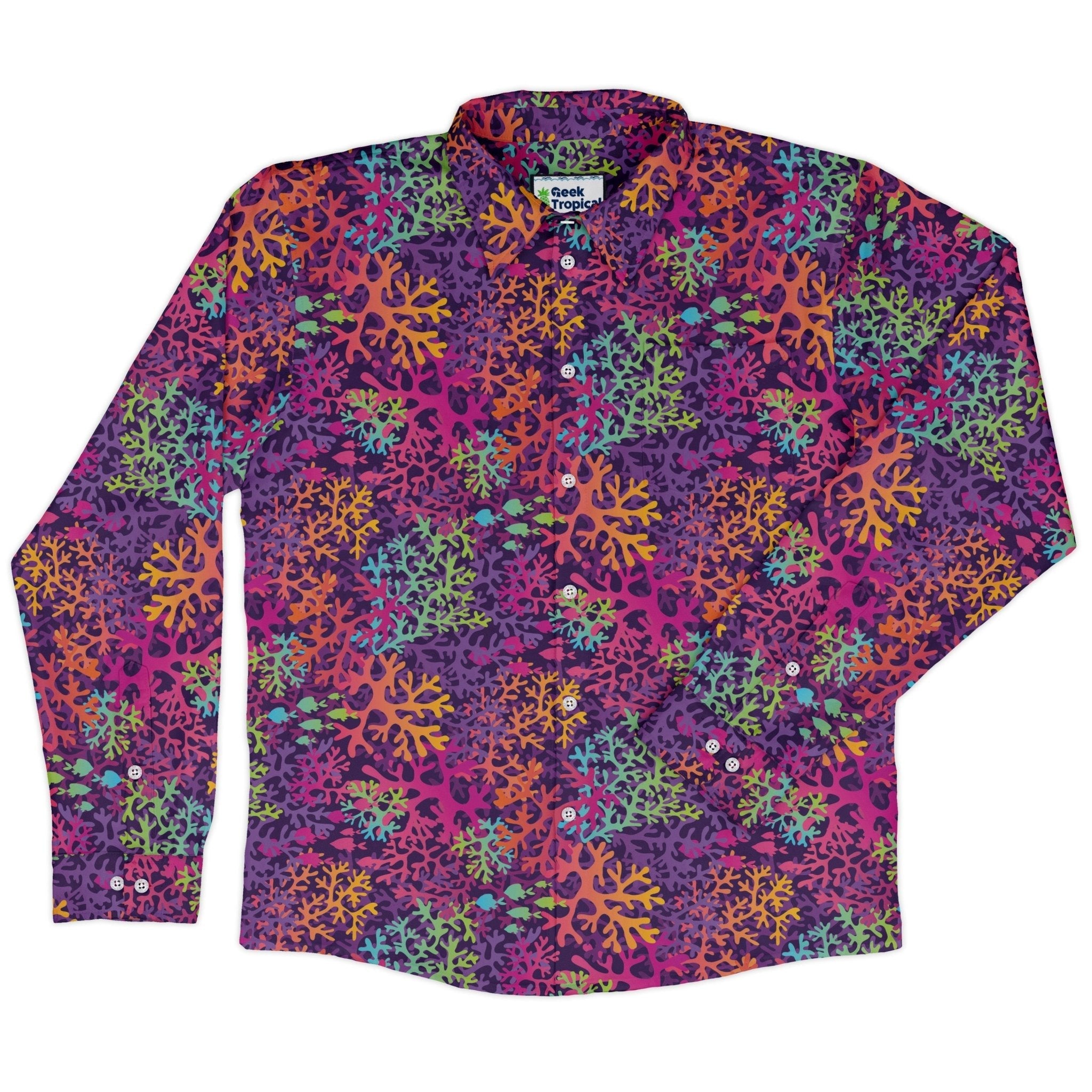 Science Marine Biology Rainbow Coral Long Sleeve Button Up Shirt Geek Nerd adult sizing FLOW DESC WRITING Maximalist Patterns