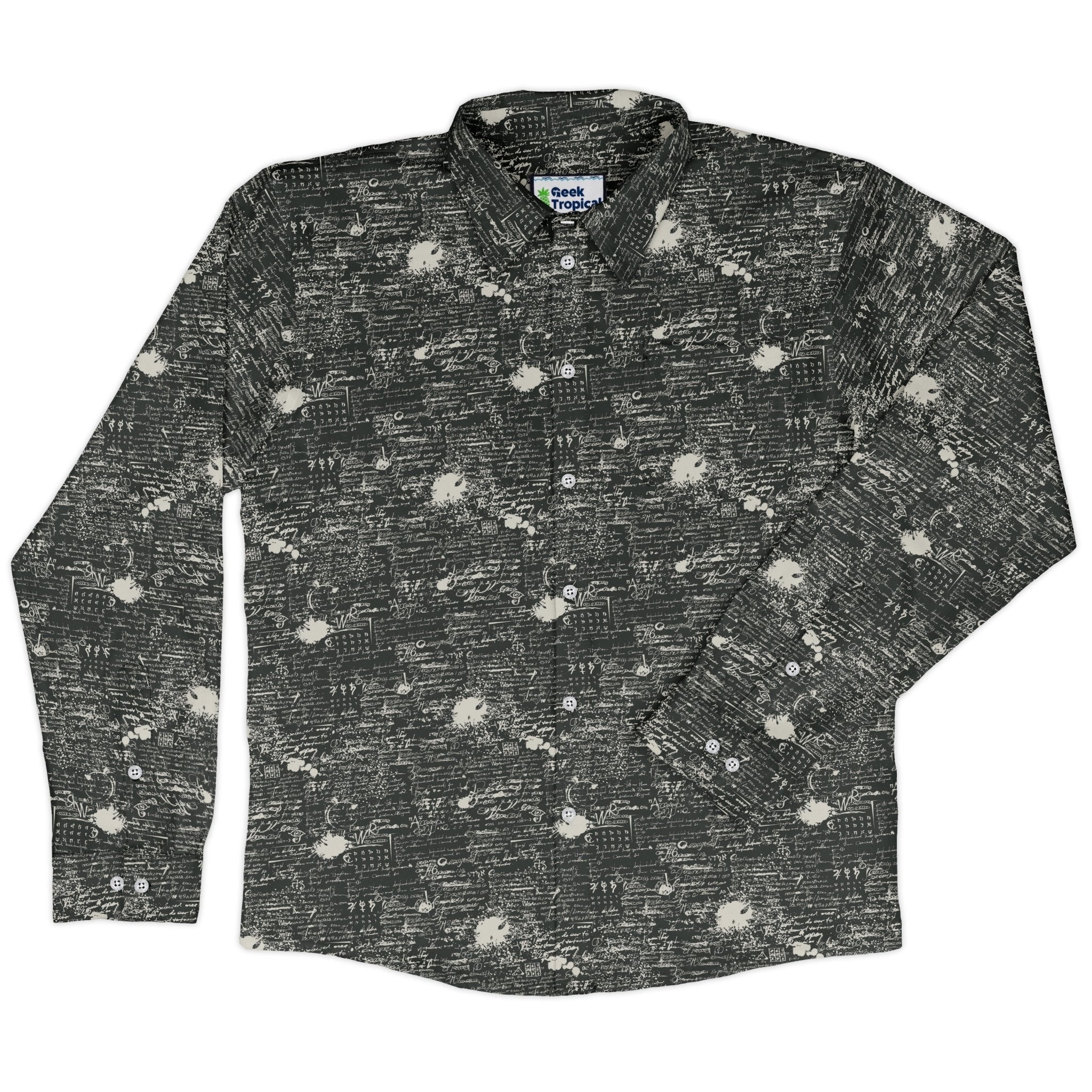 Scripted Ink Long Sleeve Button Up Shirt Geek Nerd adult sizing Book Prints FLOW DESC WRITING