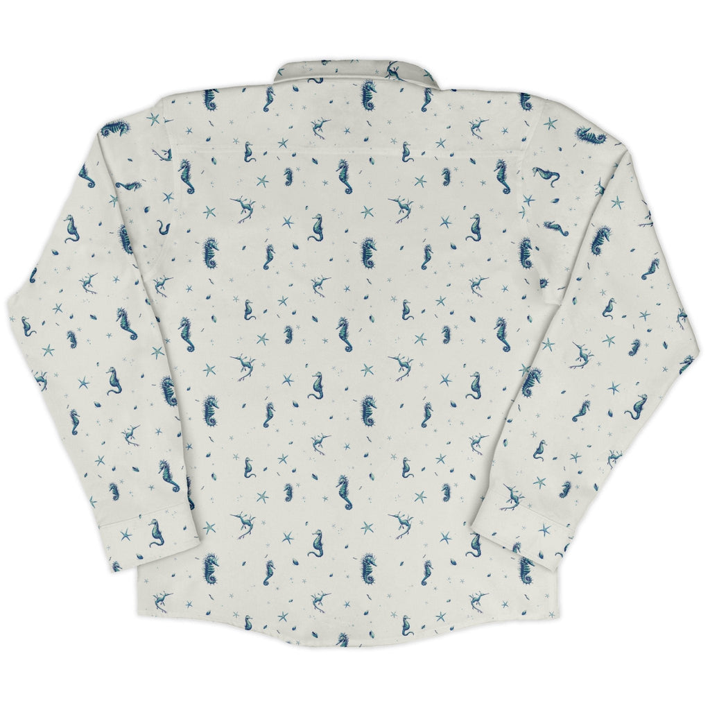Seahorses Floating Long Sleeve Button Up Shirt Geek Nerd adult sizing Design by Vlad Mel FLOW DESC WRITING