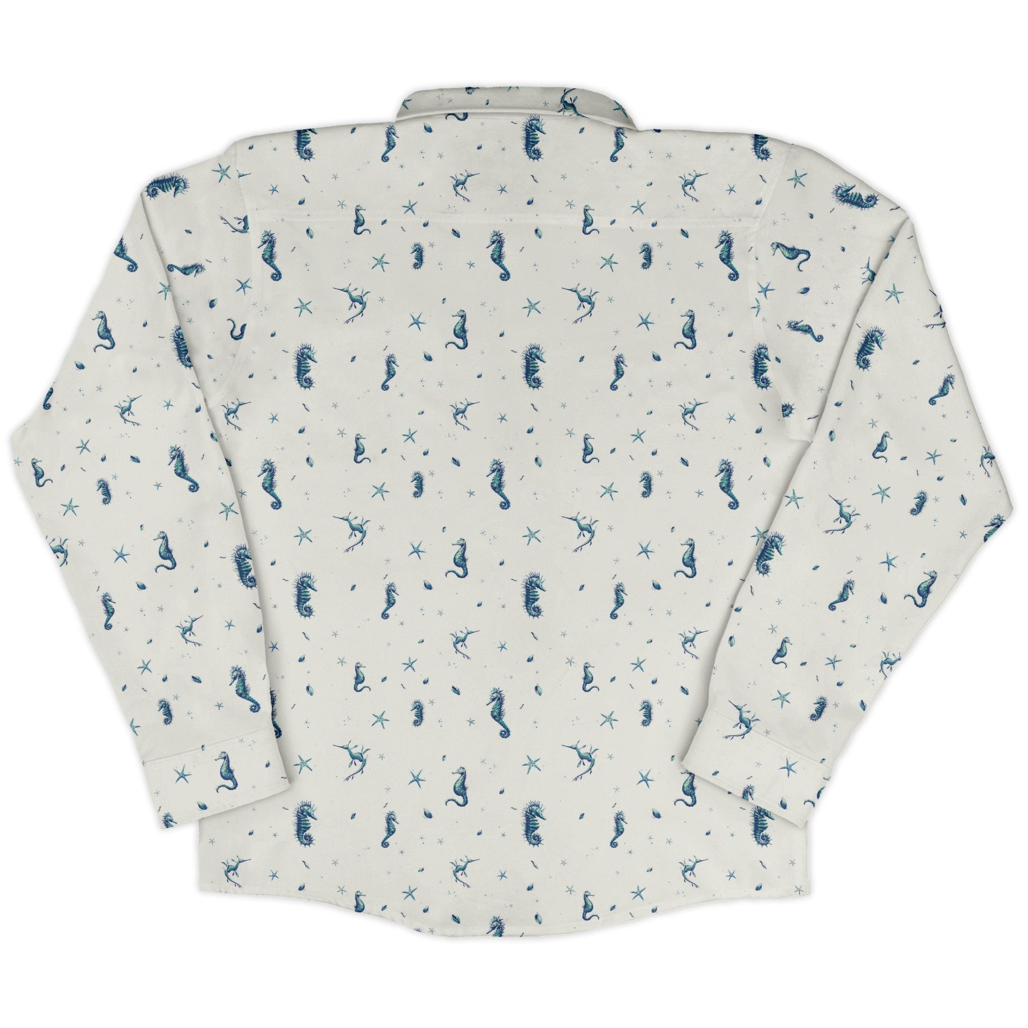 Seahorses Floating Long Sleeve Button Up Shirt Geek Nerd adult sizing Design by Vlad Mel FLOW DESC WRITING